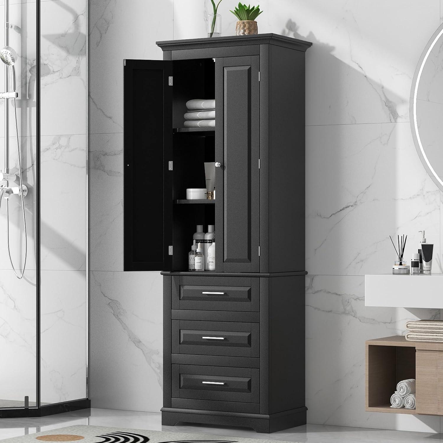 Tall Black MDF Office Storage Cabinet with Adjustable Shelves