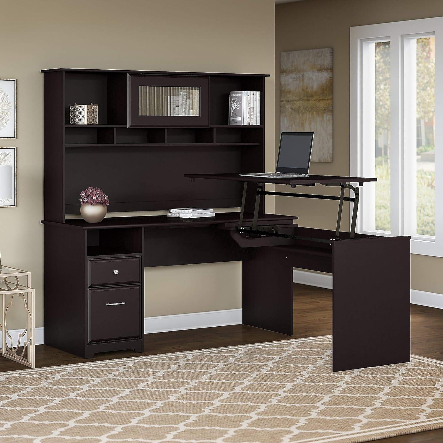 Espresso Oak Adjustable Height L-Shaped Desk with Hutch and Drawers