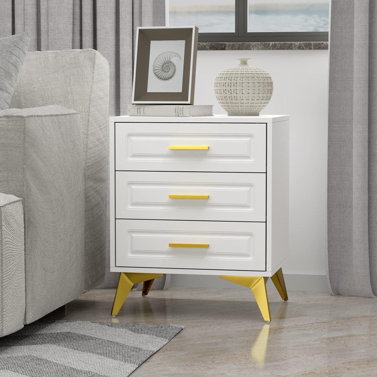 White and Gold 3-Drawer MDF Nightstand with Metal Legs