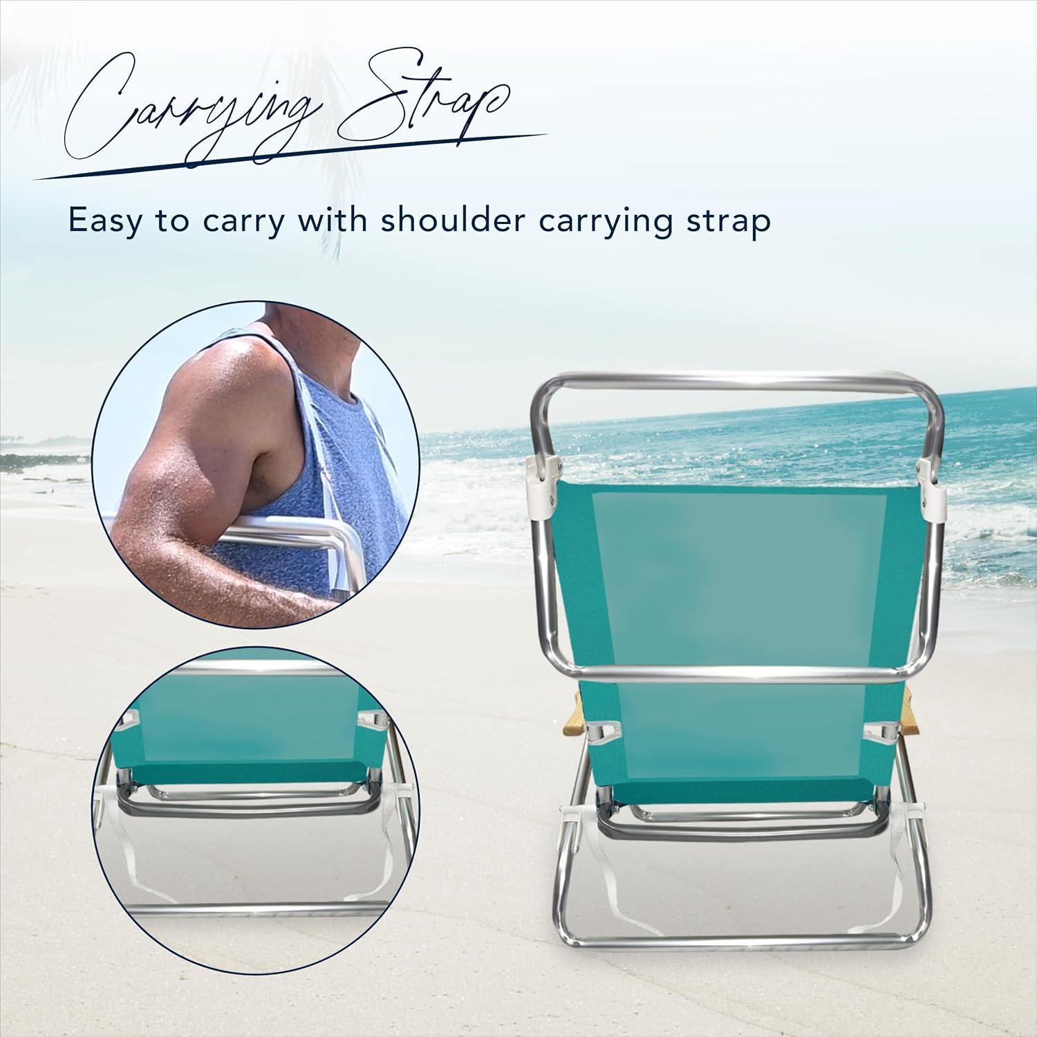 Caribbean Joe 5 Position Folding Beach Chair, Teal, Towel Bar, Full Recline