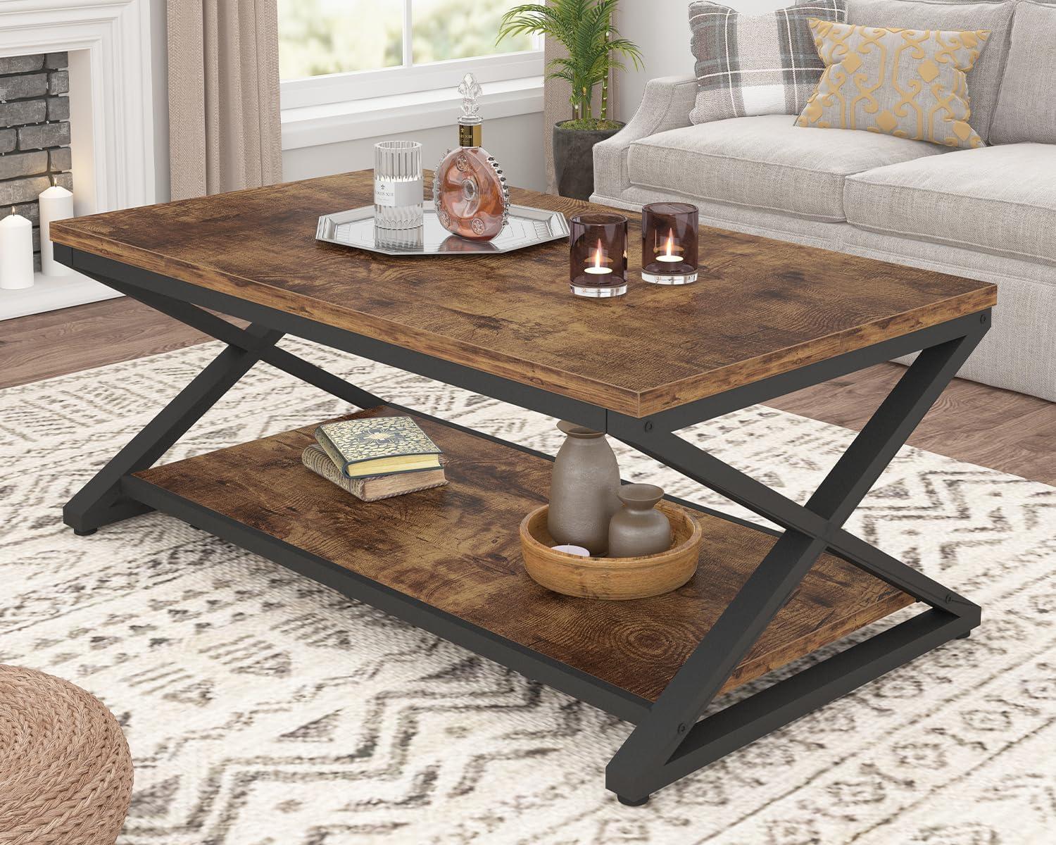 Rustic Brown Metal Frame Rectangular Coffee Table with Storage