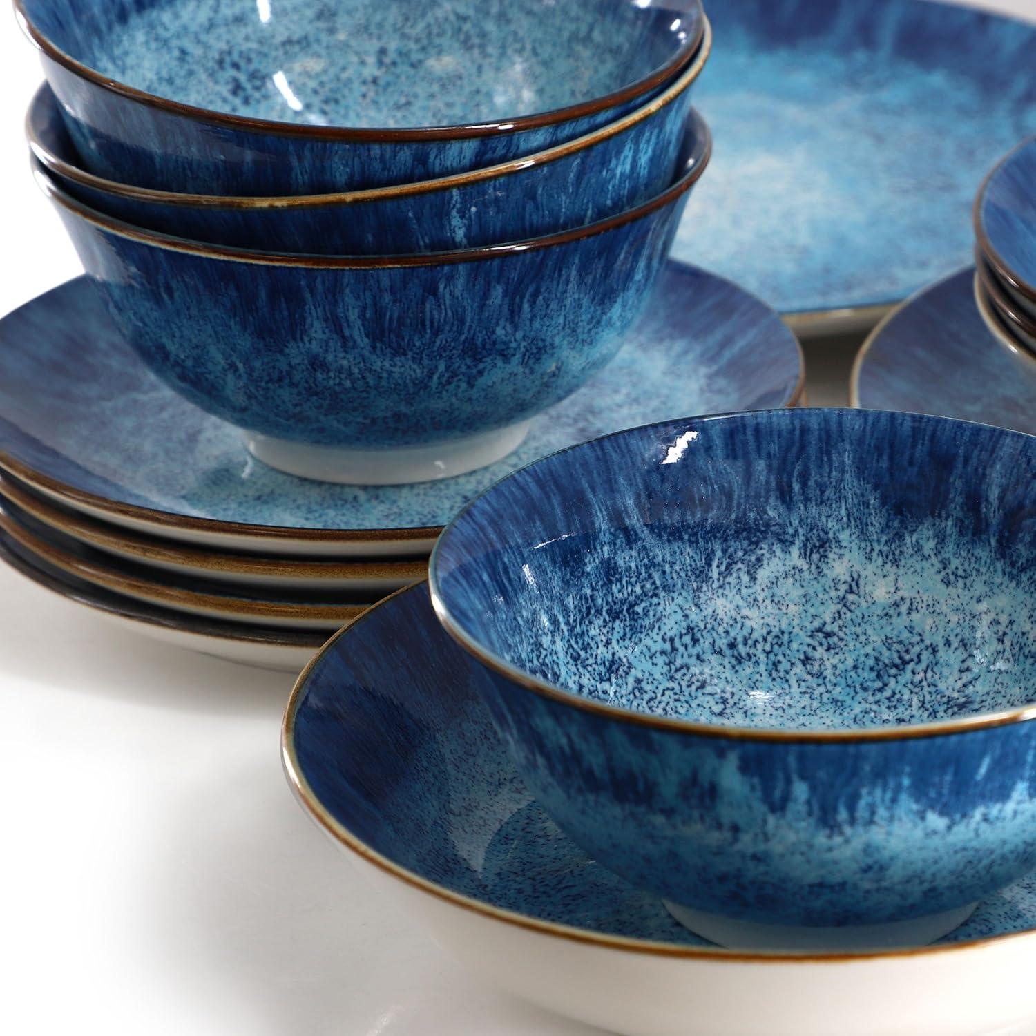 Elama Oceanus 16 Piece Porcelain Double Bowl Dinnerware Set in Blue