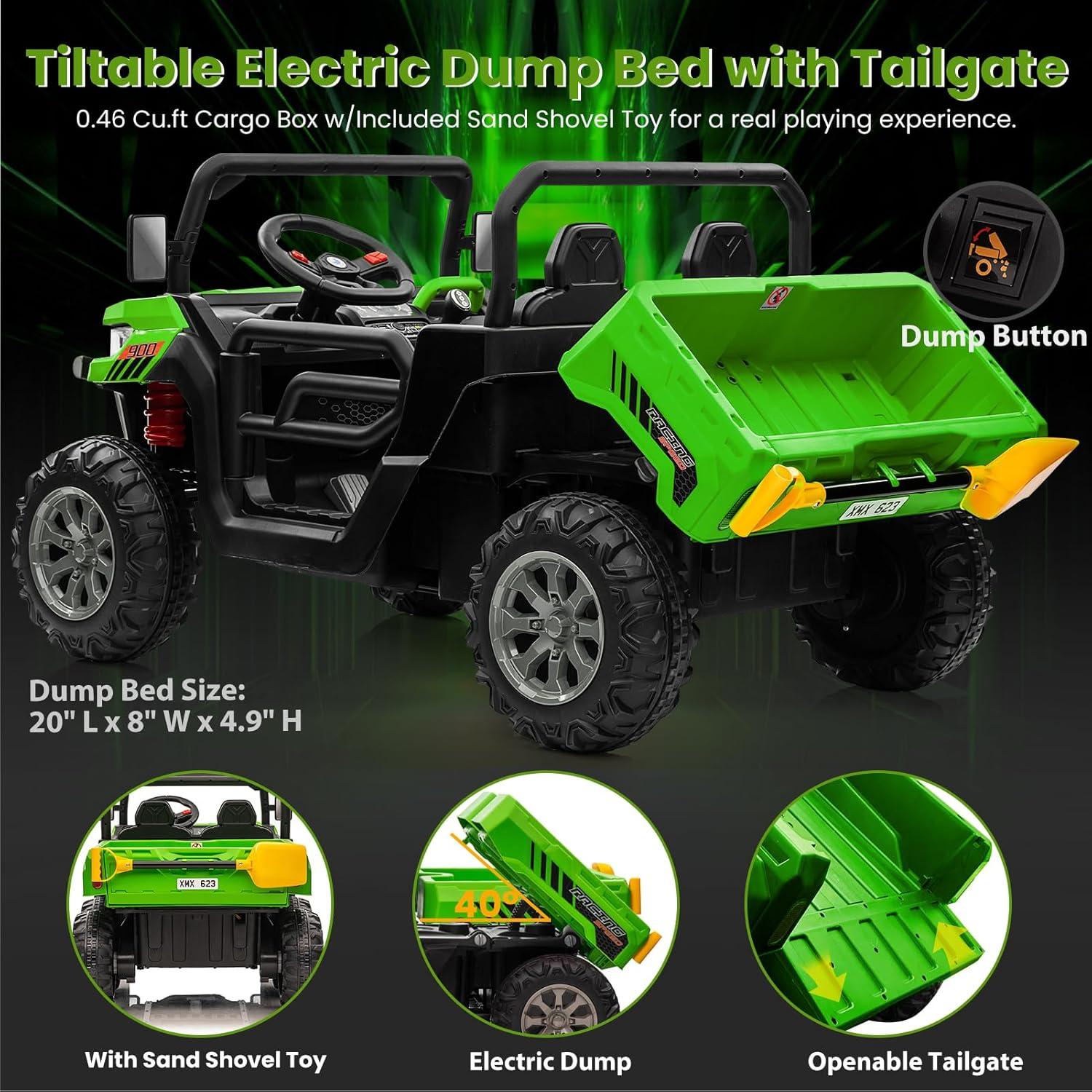 24V Ride on UTV Car, 2 Seater Kids Electric Powered Ride on Toys Dump Truck with Trailer Remote Control, Green