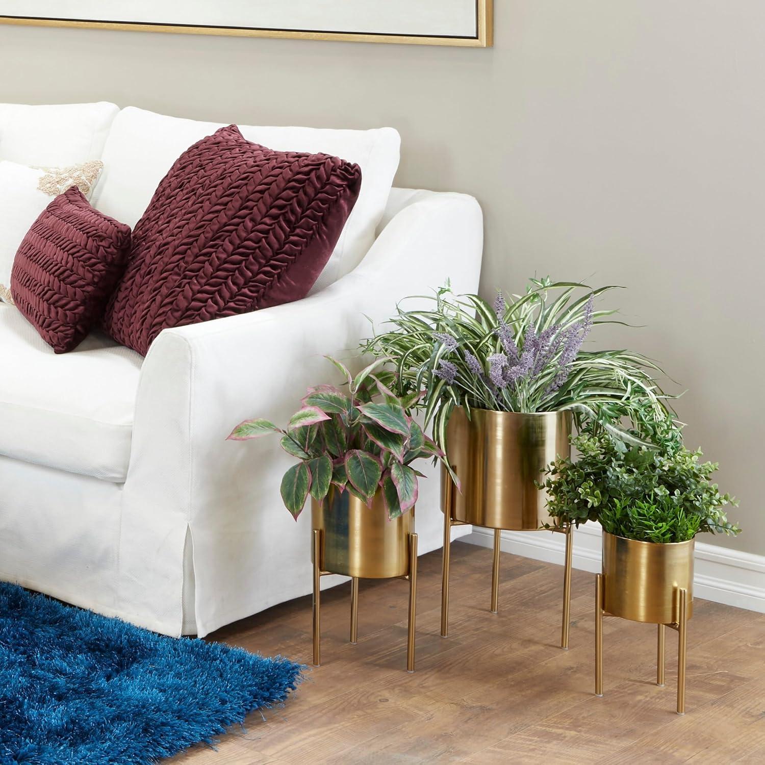 White and Gold Metal Cylinder Floor Planter Set of 3