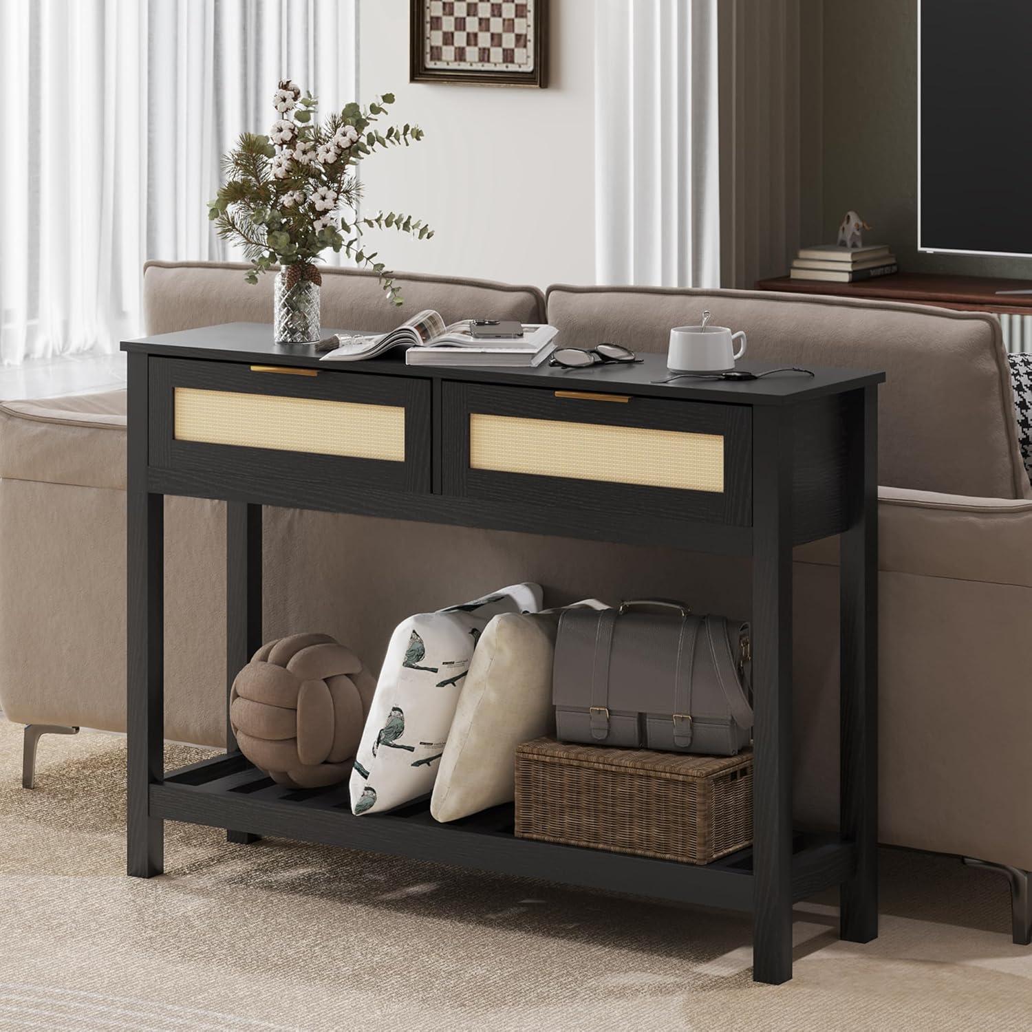 Console Tables with 2 Drawers,Rattan Entryway Table with Storage Shelf,Wood Boho Foyer Tables for Entryway,Farmhouse Console Tables for Living Room,Hallway, Sofa Table,Study Or TV Wall