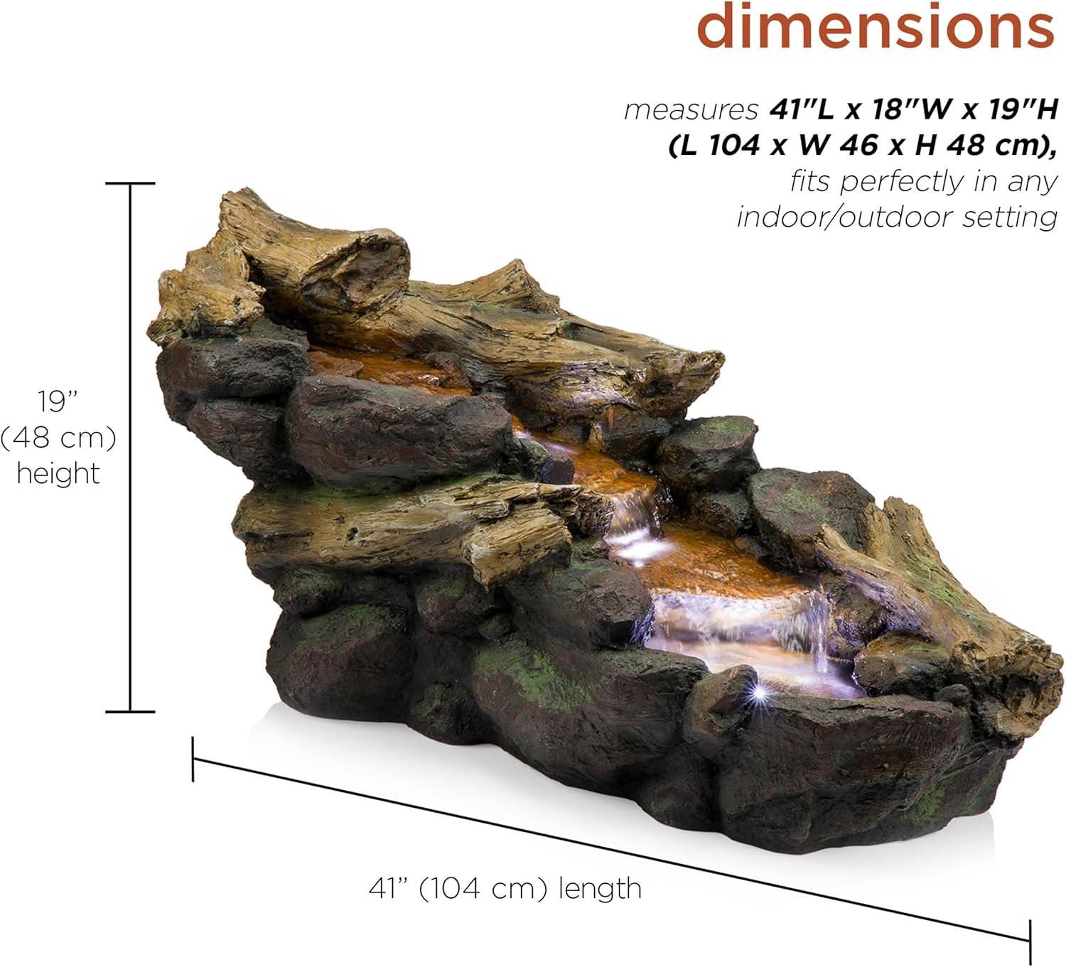 41" Natural River Rock and Log Fountain with LED Lights