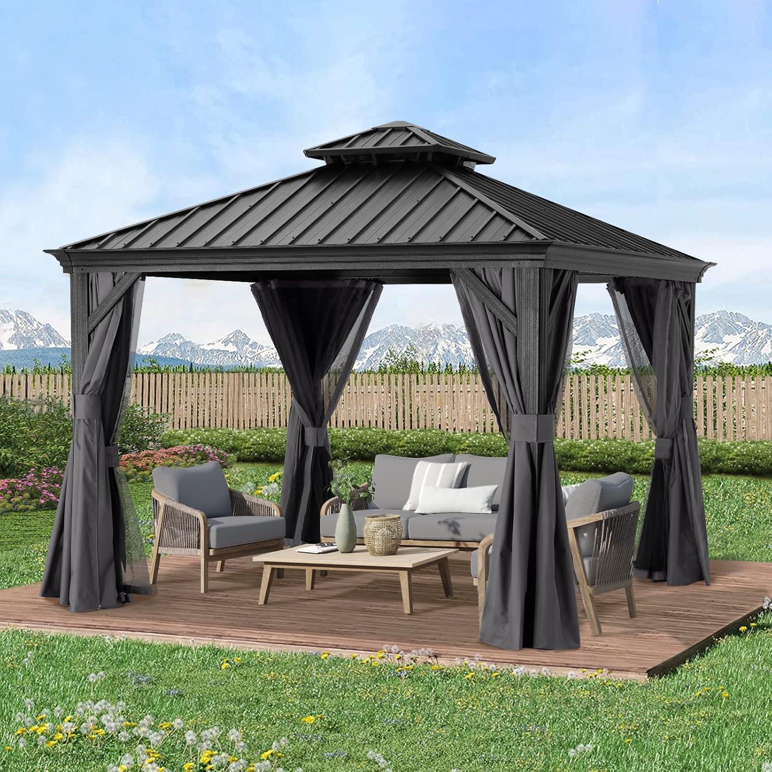 Adoolla 10'x10' Hardtop Gazebo for Patio with Netting and Curtains, Metal Roof Canopy Aluminium Frame Permanent Pavilion