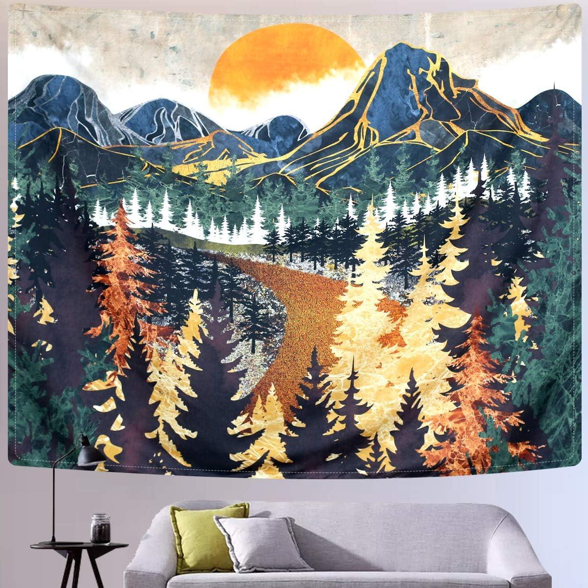 Mountain Tapestry Wall Hanging Forest Trees Art Tapestry Sunset Tapestry Road in Nature Landscape Home Decor for Room (51.2 x 59.1 inches)