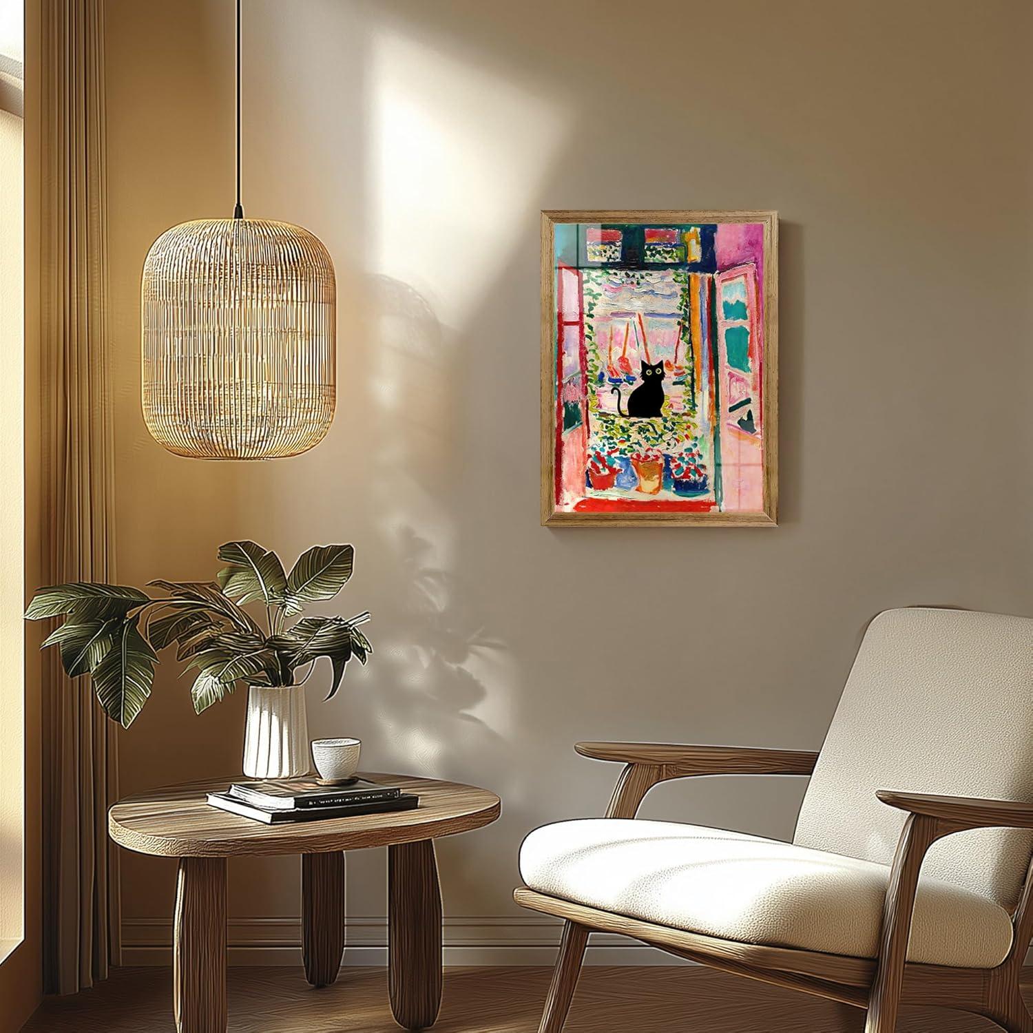 Henri Matisse Oil Paintings on Canvas Wall Art Matisse Famous Open Window Black Cat Poster Funny Cat Floral Print Colorful Farmhouse Gallery Aesthetic Room Decor for Bedroom Bathroom 12x16in Unframed