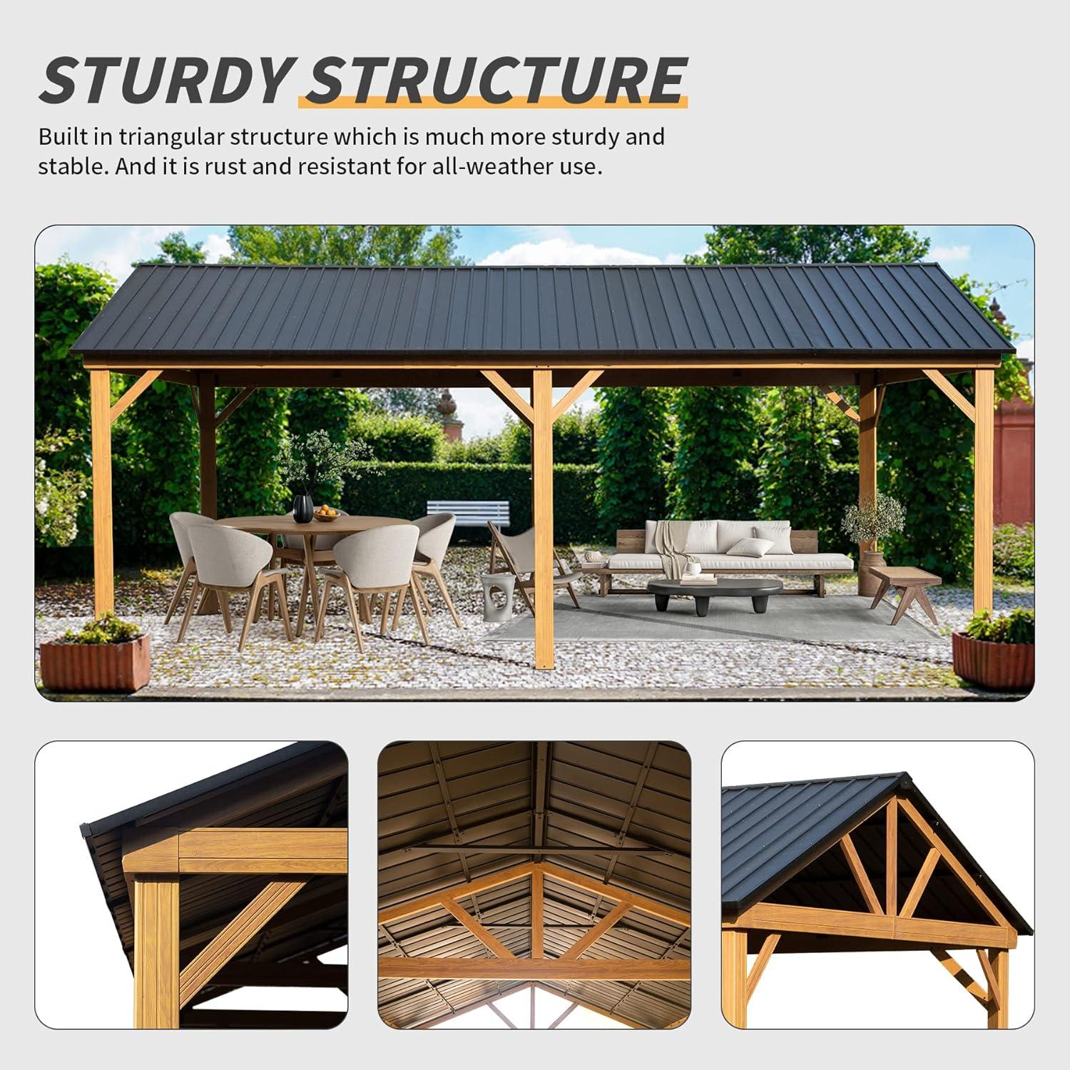 Erommy 12'x20' Cedar Wood Frame Hardtop Gazebo, Asphalt Roof with Spruce Wood Pergola for Patio