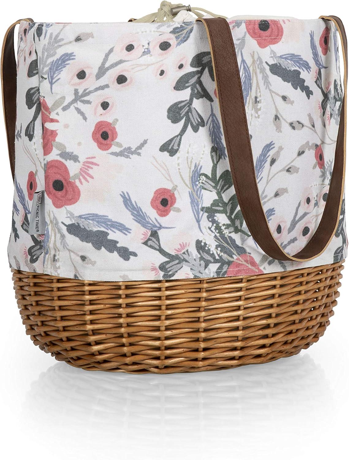 Picnic Time Coronado Canvas and Willow Basket Tote with Floral Pattern