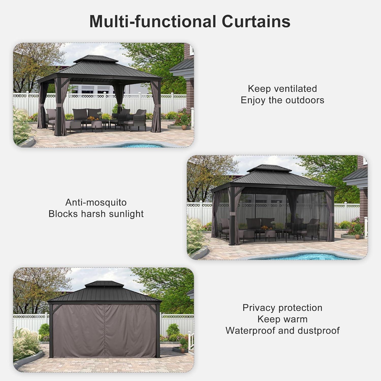 PURPLE LEAF 12' x 14' Permanent Hardtop Gazebo Aluminum Frame Gazebo with Galvanized Steel Double Roof, UV-Resistant for Backyard Patio Lawn and Garden, Netting & Curtains included - Grey