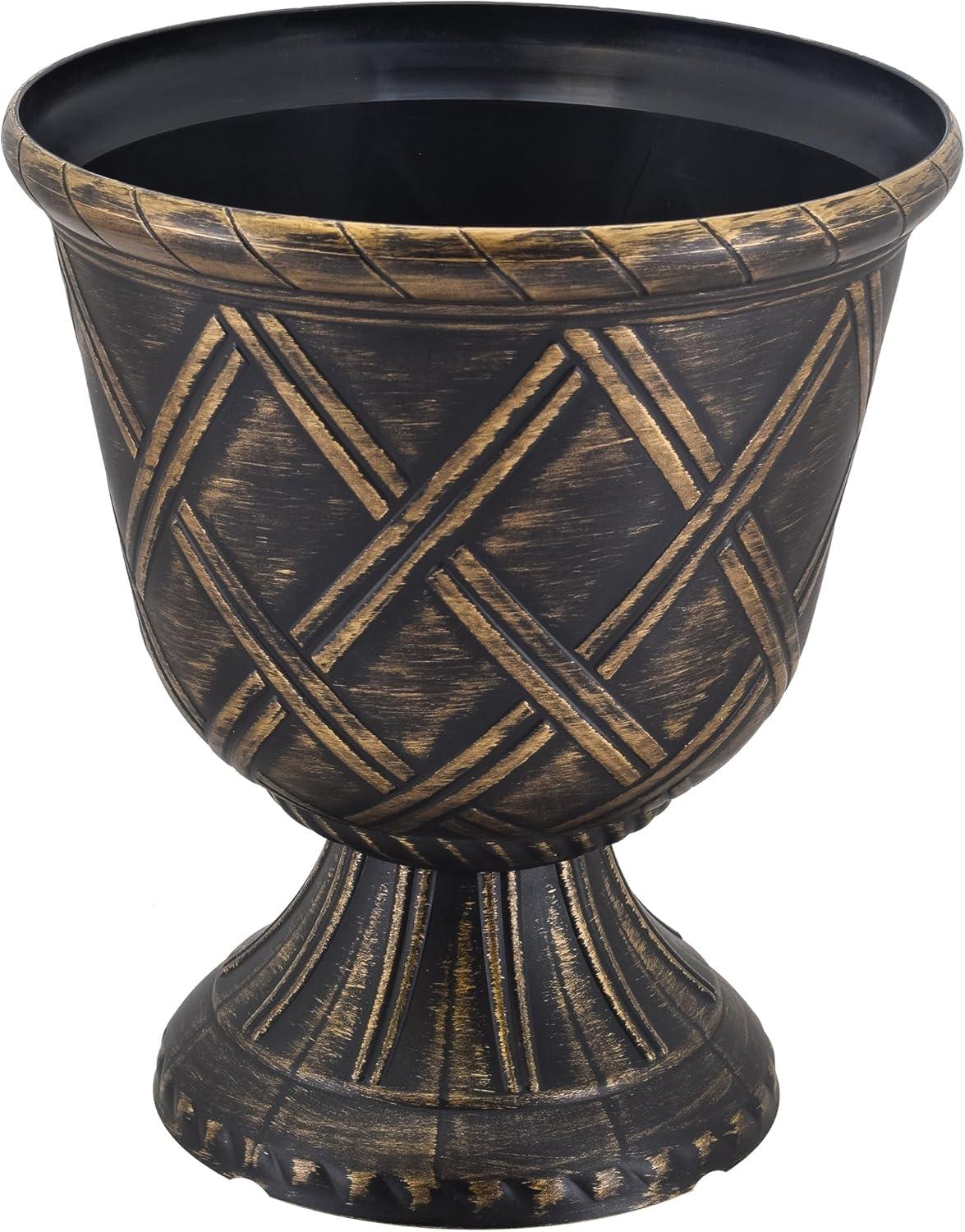 PL60GD Lattice Plastic Garden Urn, Classic Decorative Garden Pot Planter for Indoor and Outdoor Plants, Gold
