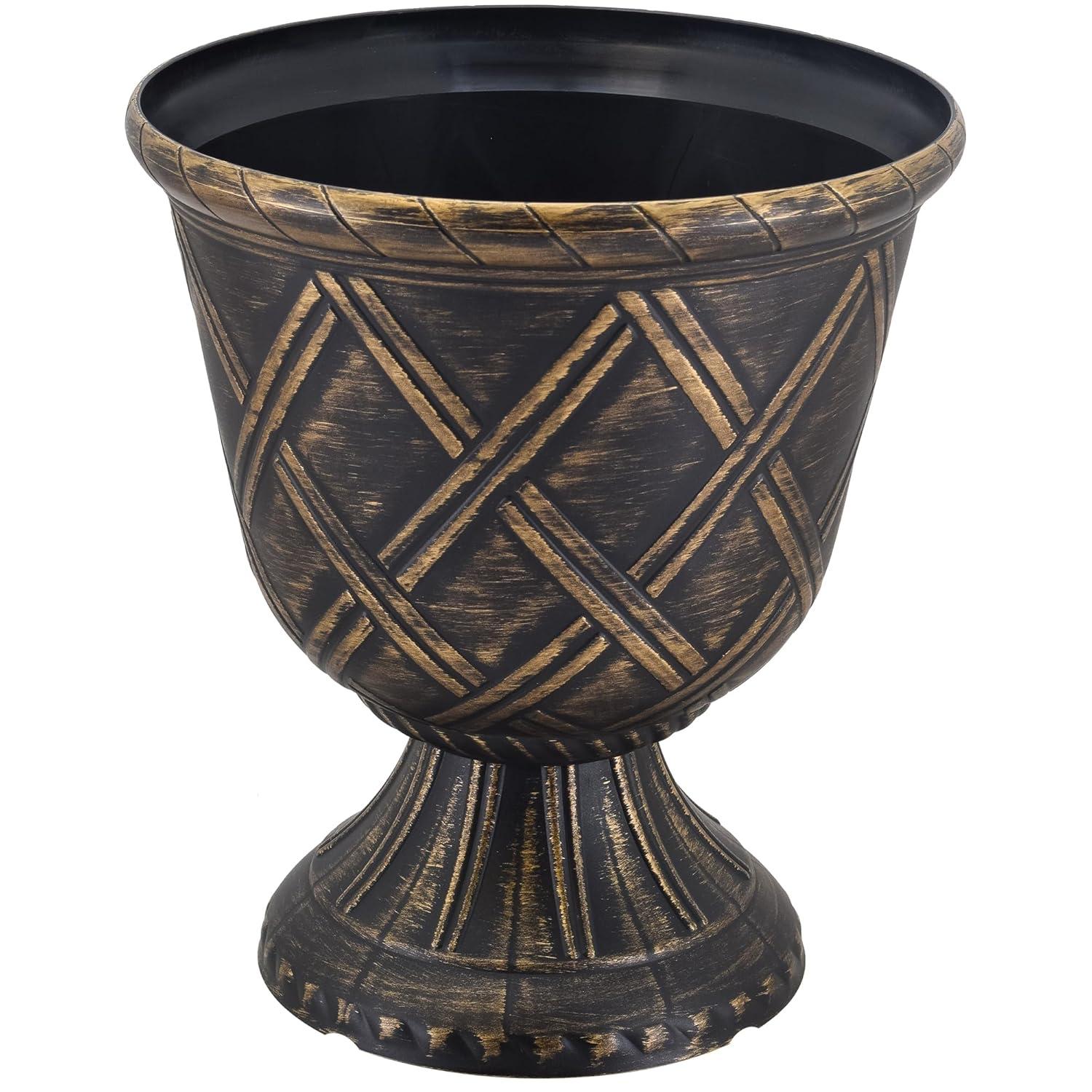 PL60GD Lattice Plastic Garden Urn, Classic Decorative Garden Pot Planter for Indoor and Outdoor Plants, Gold