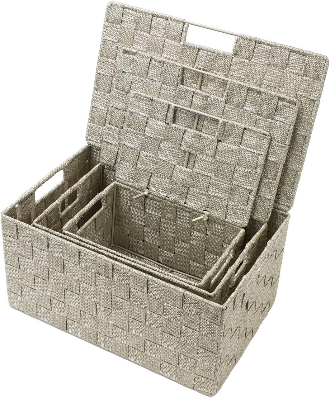 Beige Woven Square Storage Basket Set with Lids