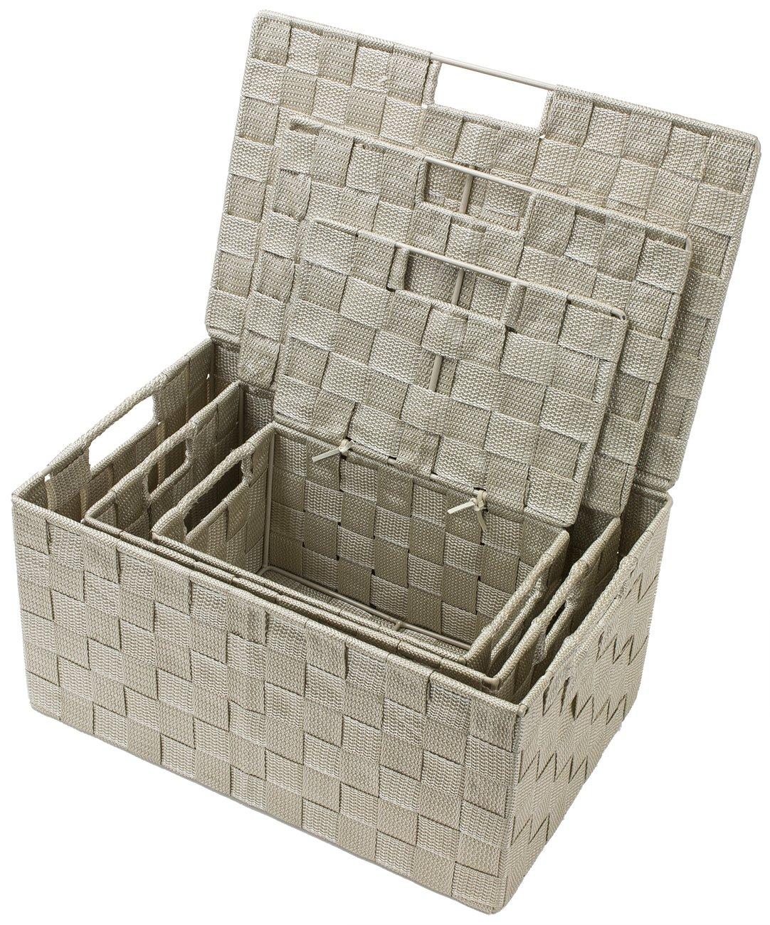 Beige Woven Square Storage Basket Set with Lids
