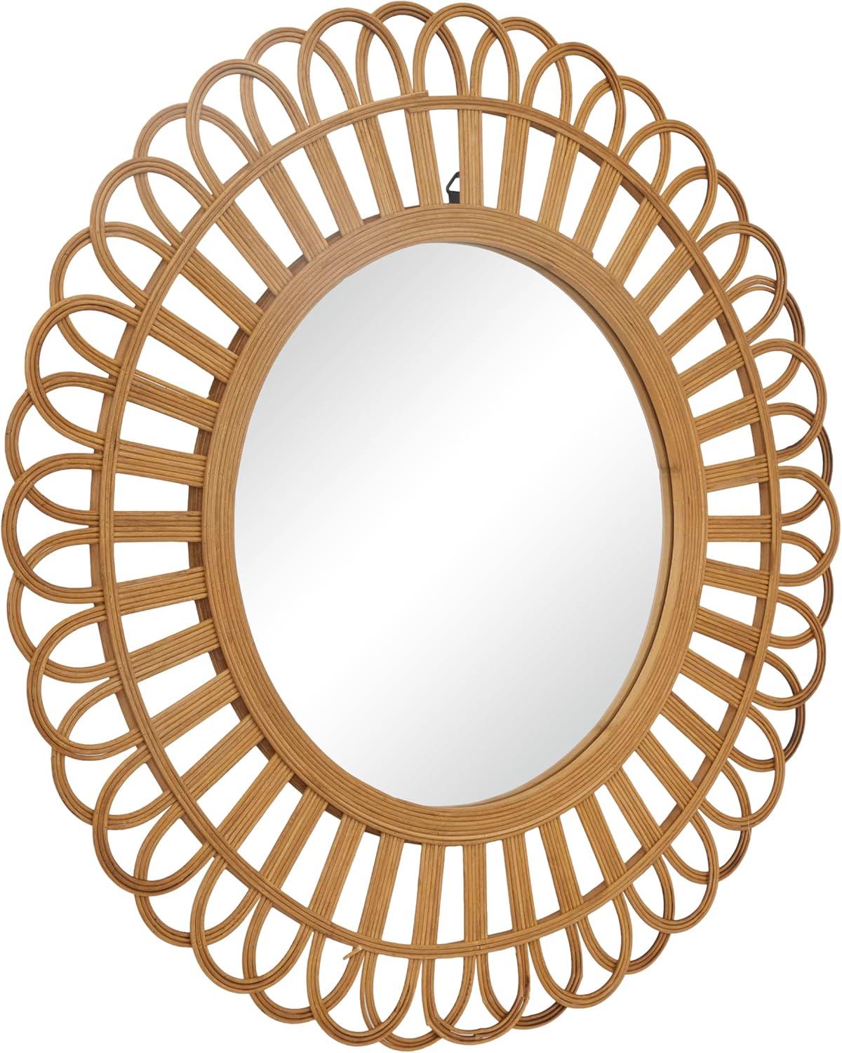 Bohemian Round Sunburst Wood Wall Mirror, 35"