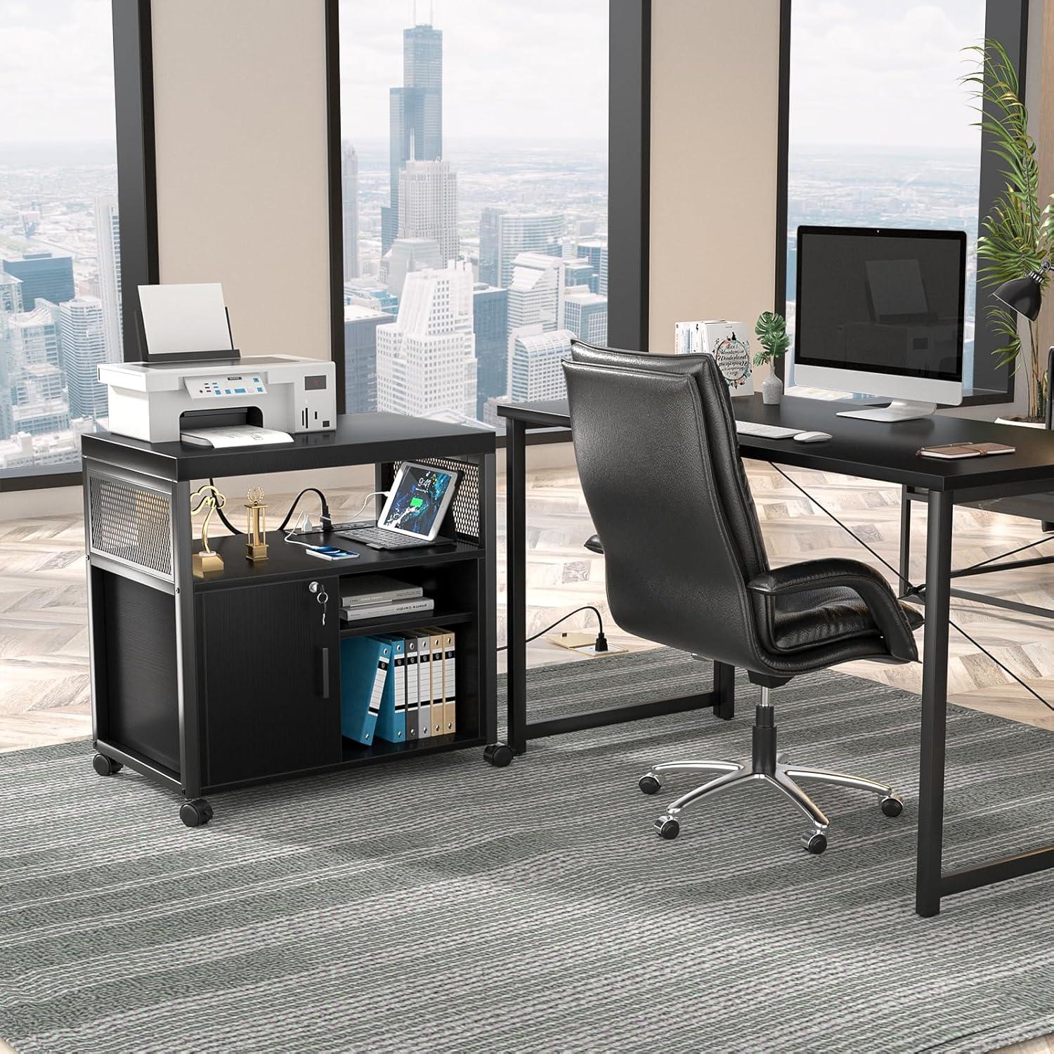 Unikito Rolling File Cabinet Lateral Office Filing Cabinets with Socket and USB Charging Port, Modern Printer Stand on Wheels, Printer Cabinet with Door and Open Storage, Lockable, White