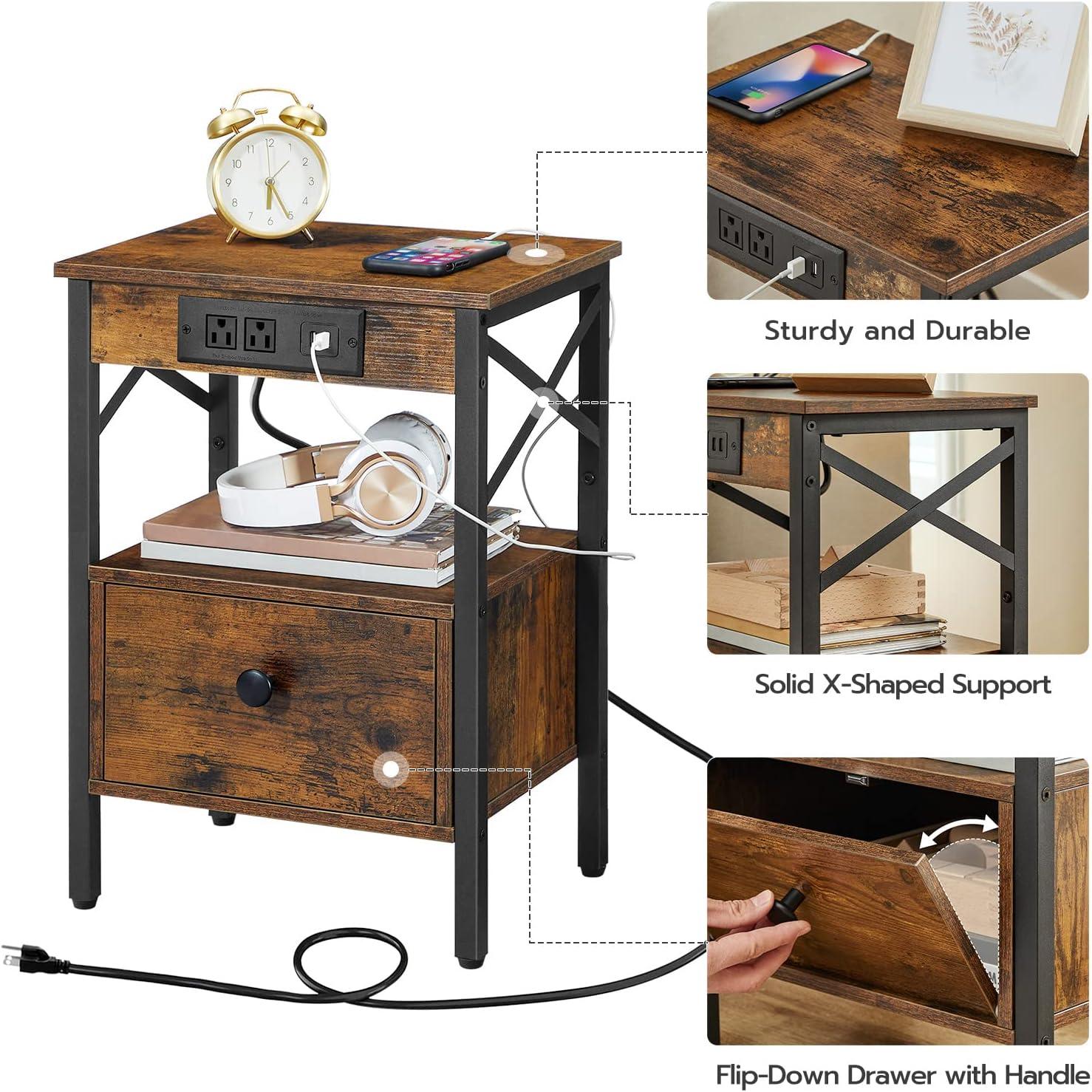 HOOBRO End Table with Charging Station, Narrow Side Table with 2 Drawer & USB Ports & Power Outlets, Nightstand for Small Spaces, for Living Room, Bedroom, Rustic Brown and Black BF541BZ01