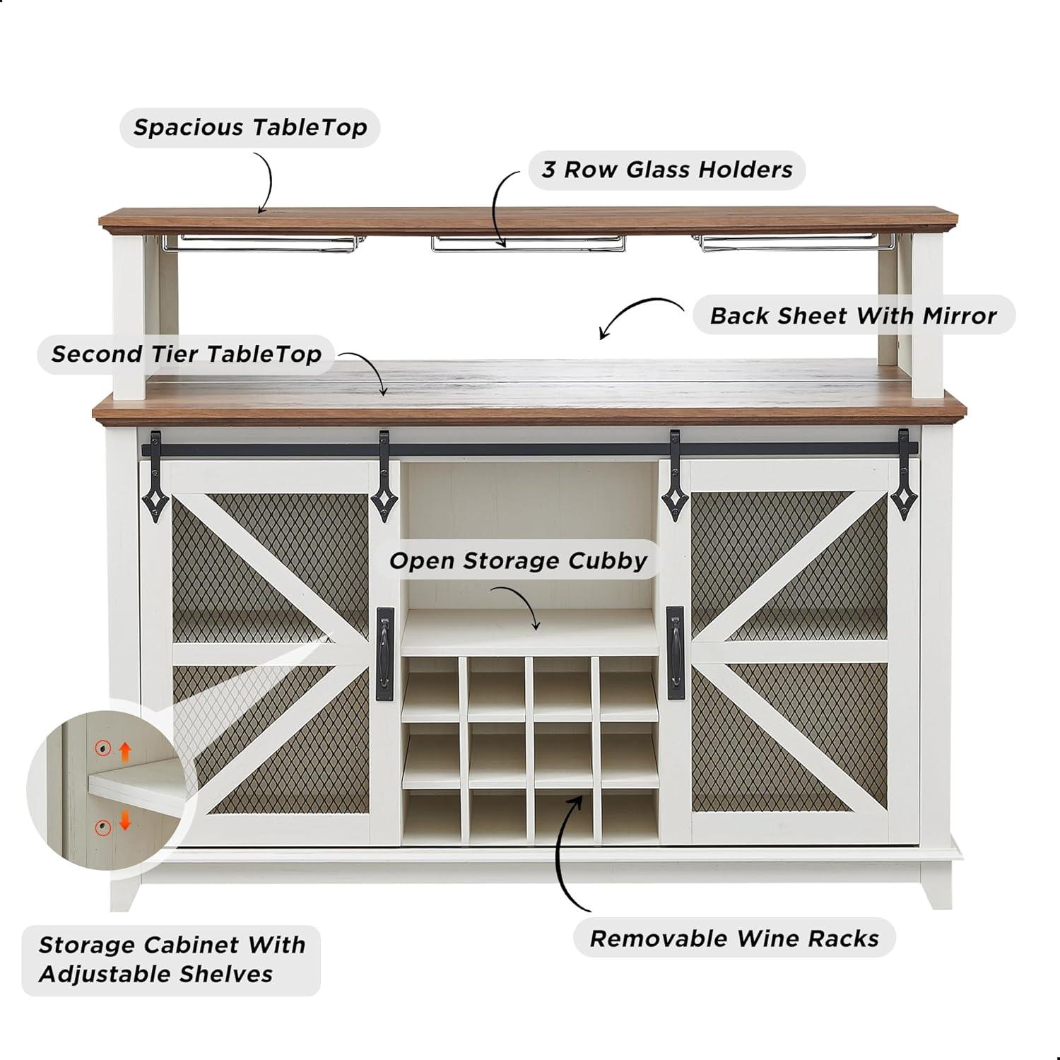 Antique White Farmhouse Coffee Bar Cabinet with LED Lights and Sliding Barn Doors
