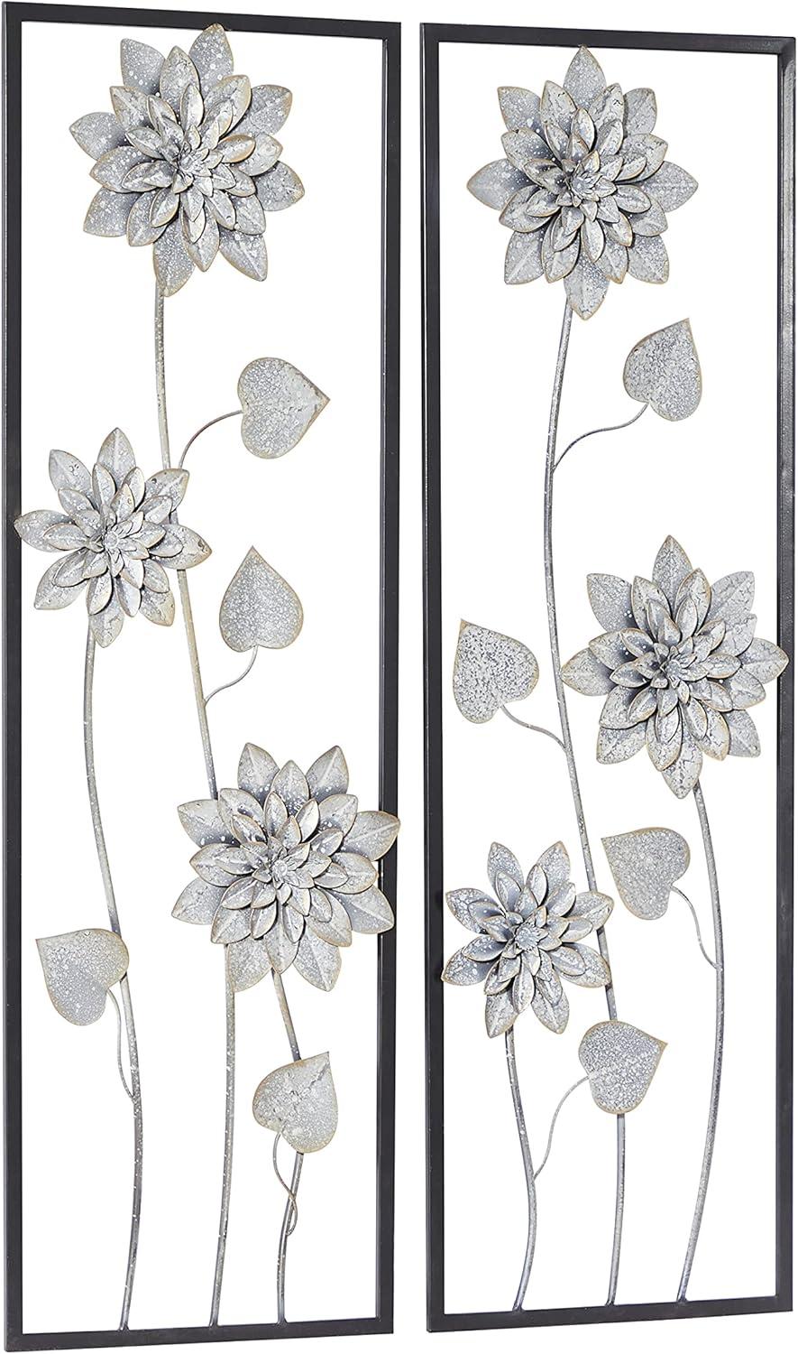 DecMode Gray Metal Floral Wall Decor with Black Frame (2 Count)