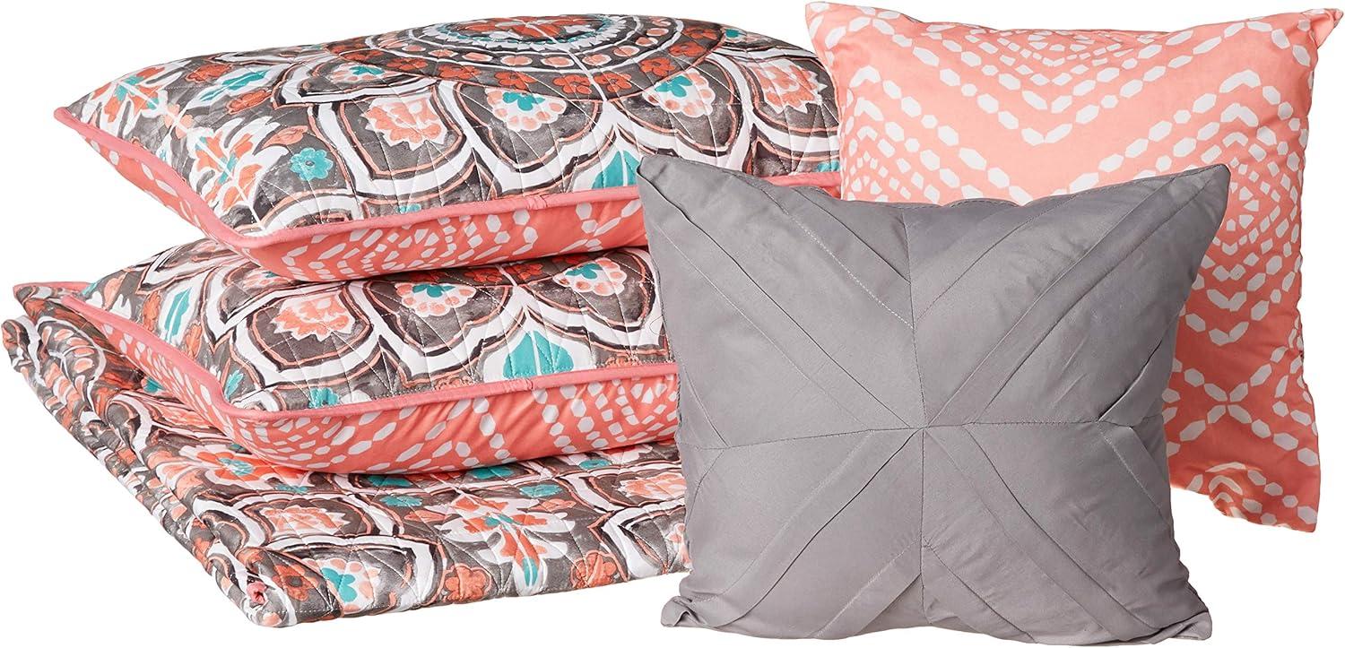 Ibiza Coral Reversible Microfiber Queen Quilt Set