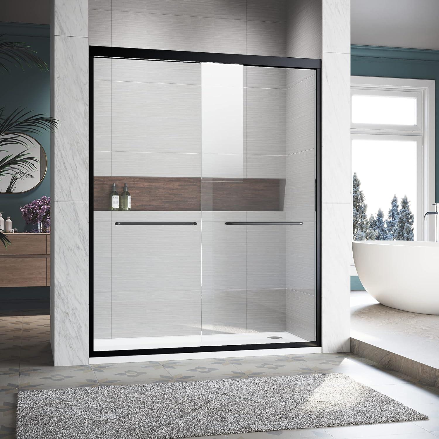 Sliding Shower Glass Door 56-60 In. W X 72 In. H, Adjustable Semi Frameless Shower Door, Certified Thick Clear Clear Tempered Glass, 304 Stainless Steel Handles