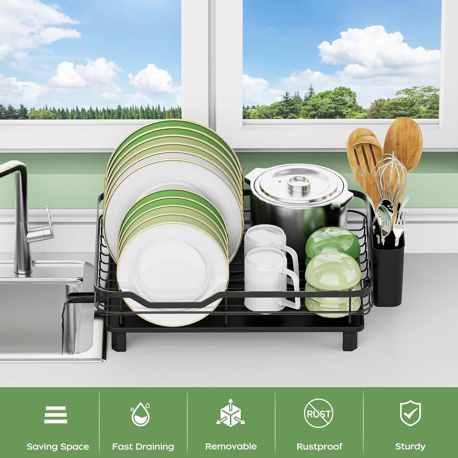 COAHAHA Compact Black Stainless Steel Dish Drying Rack - Rust Resistant, Space Saving With Fast Auto Drainage