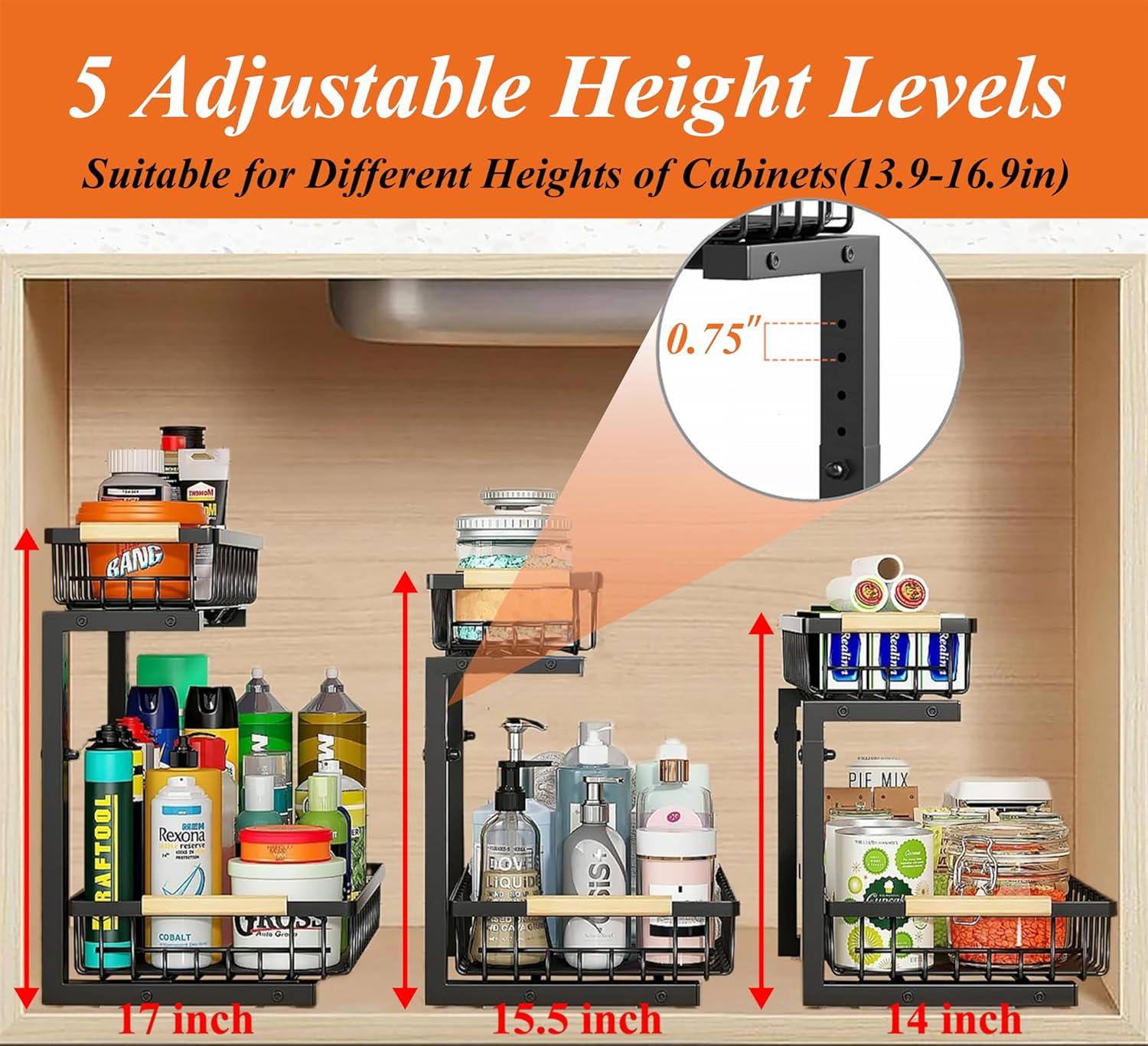 Rebrilliant Under Sink Organizer, 2 Tier Under Sink Organizers And Storage, Metal Slide Out Pull Out Cabinet Organizer ,2 Pack Sliding Drawer Organizer For Kitchen Bathroom Pantry