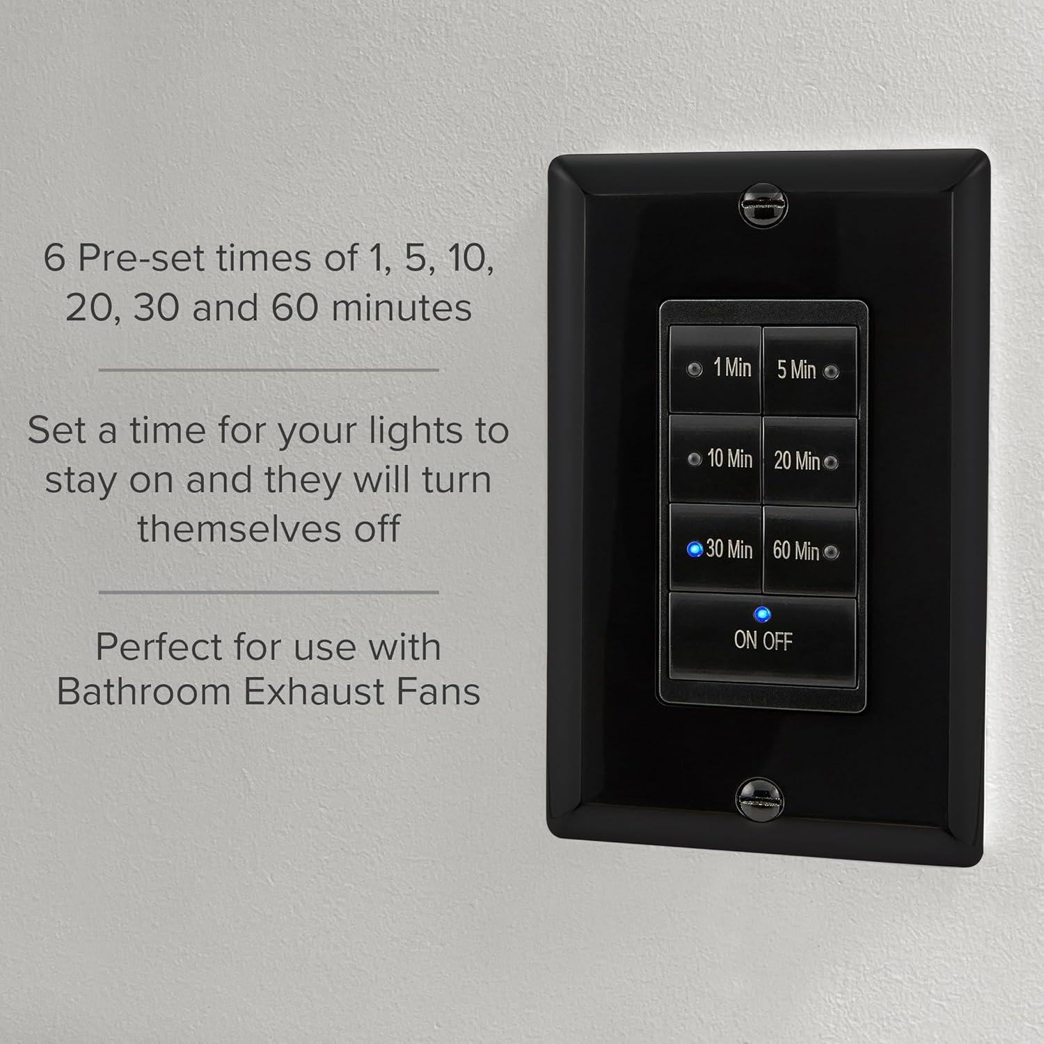 Maxxima 1875 Watt 7 Button Countdown Timer Switch - Maximum 60 Minute Delay, 1/2 HP Perfect for Bathroom Exhaust Fans, Indoor Automated Lighting, LED Indicatior Lights, Black, Wall Plate Included