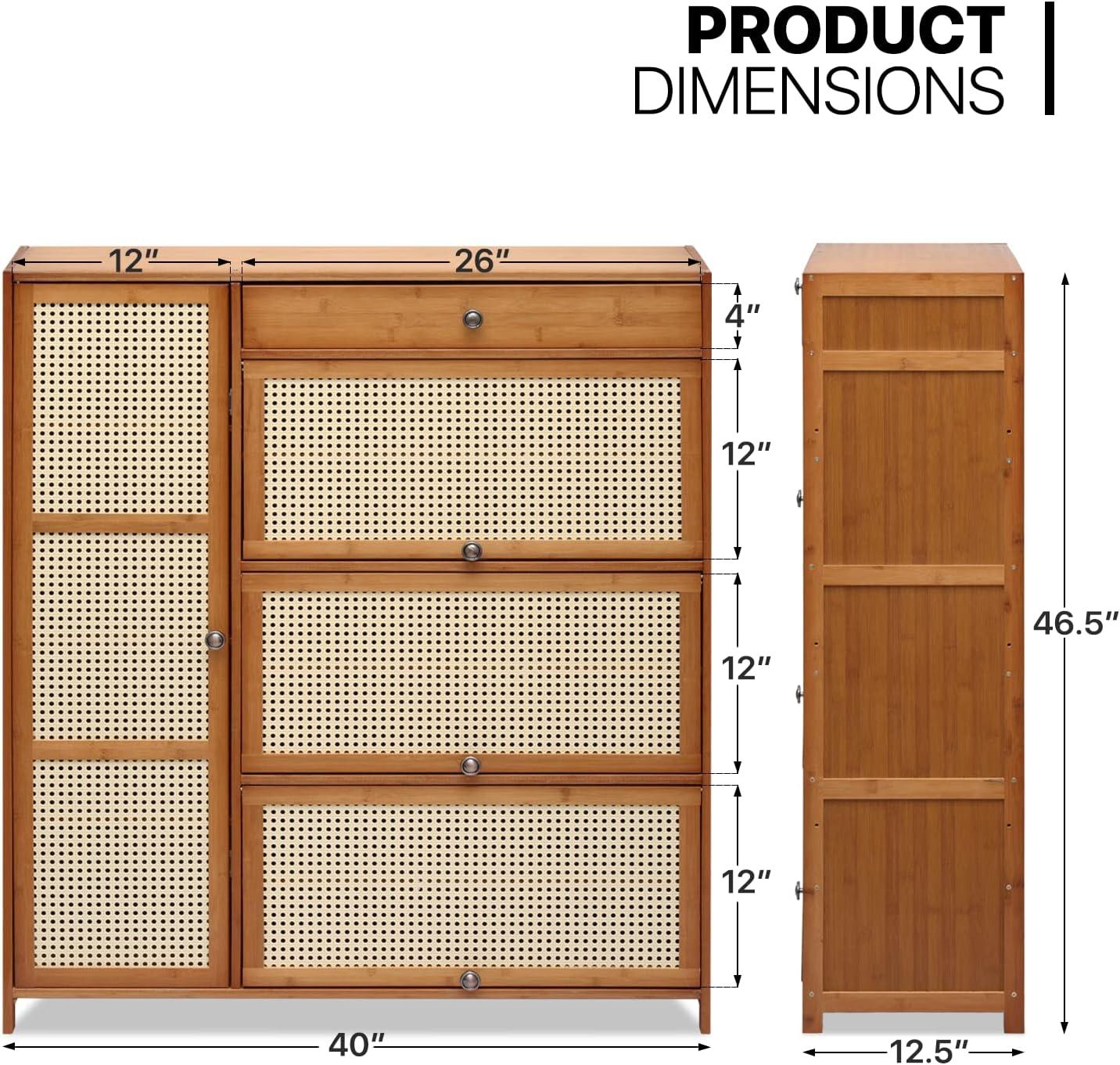 MoNiBloom Bamboo 28 Pairs Shoe Cabinet, 6-Layers Entryway Shoe Storage Cabinet with Rattan Doors and Boots Compartments, Flip-Up Shoe Rack Organizer For Hallway Living Room, Brown