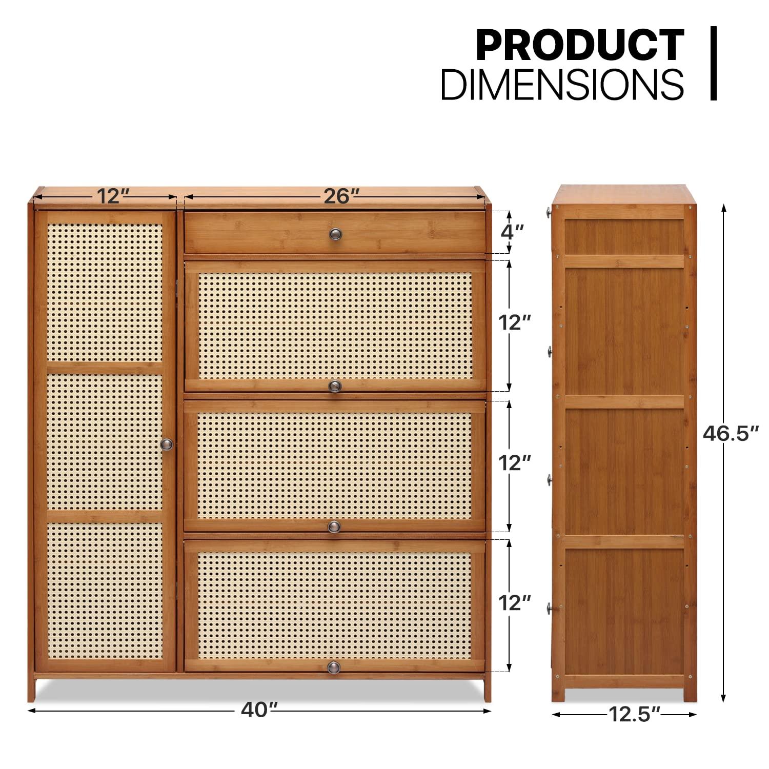 Magshion Bamboo 28 Pairs Shoe Cabinet, 6-Shelves Entryway Shoe Storage Cabinet with 4 Rattan Doors and 4 Compartments, Flip-Up Shoe Rack Organizer For Hallway, Brown