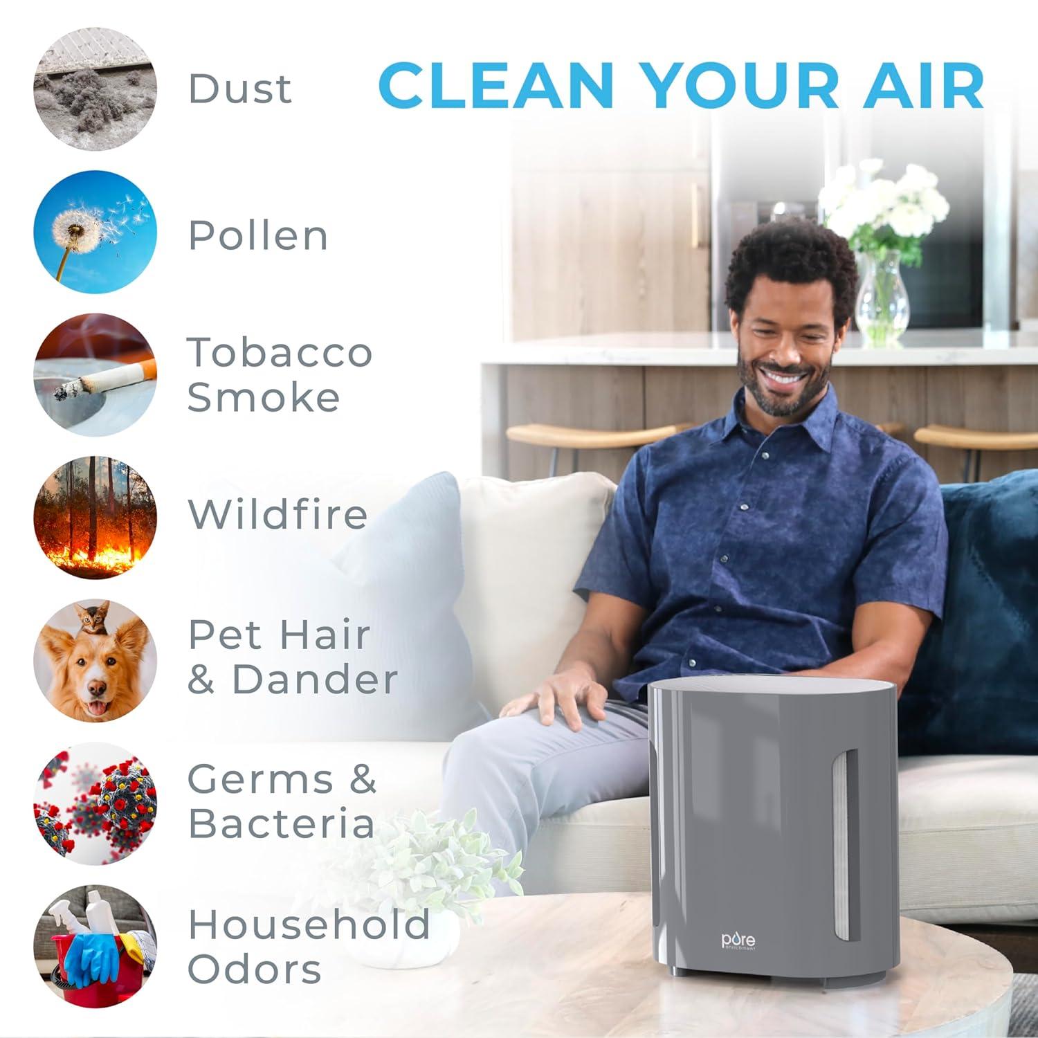 Pure Enrichment Pure Zone 3-in-1 True HEPA Air Filter Mist: Electric Air Purifier, Captures Dust & Smoke, ETL Listed, Gray