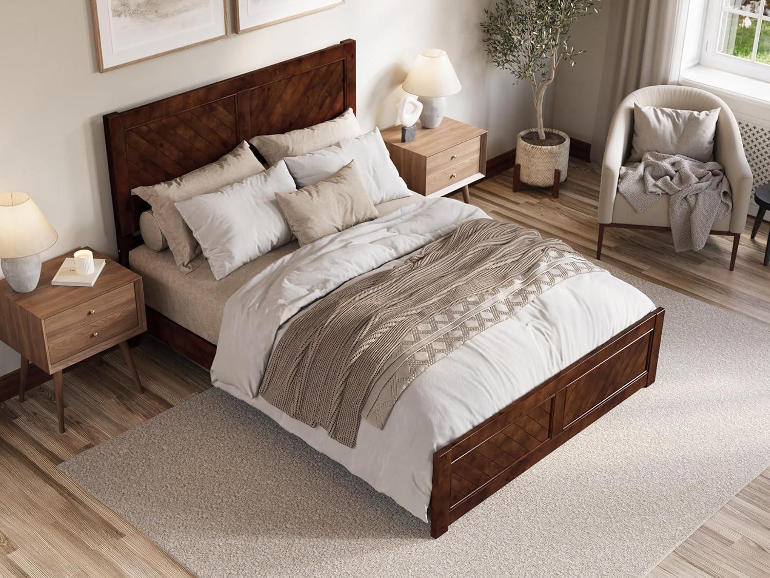 , Berkshire Queen Solid Wood Low Profile Platform Bed with Matching Footboard, Walnut