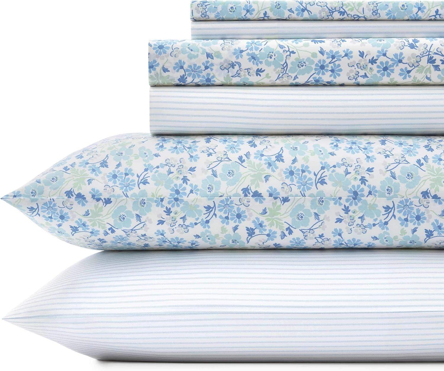 Queen White Floral Cotton Percale Deep Pocket Sheet Set