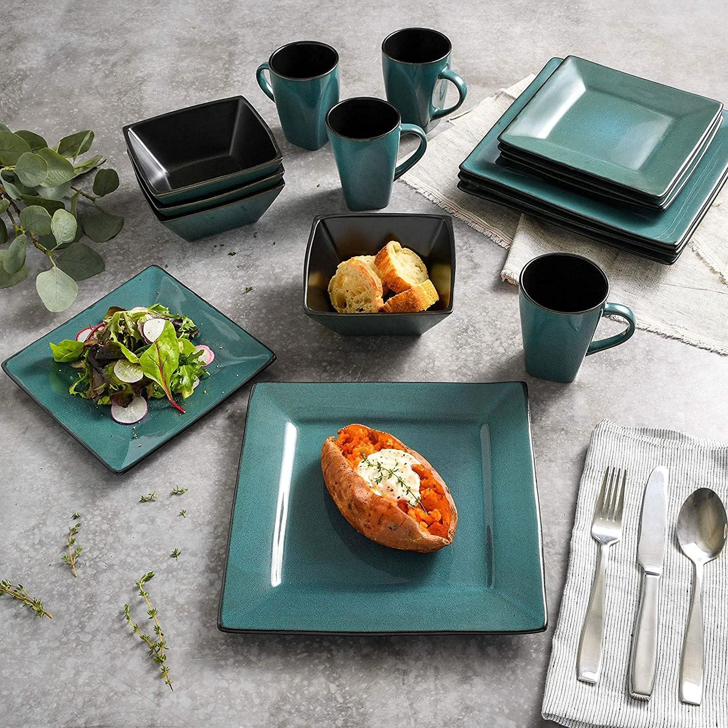 Blue Ceramic Square Dinnerware Set, Service for 4