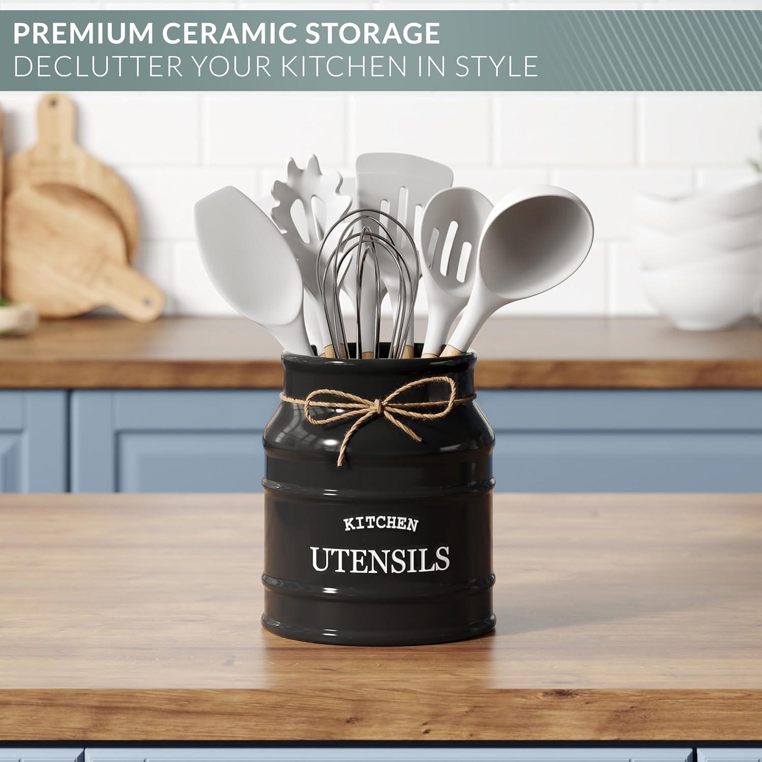 Red Barrel Studio® Ceramic Farmhouse Utensil Holder For Kitchen Counter, Large Rustic Utensil Crock, Countertop Cooking Tool Spatula Organizer, 6.75” (Black)