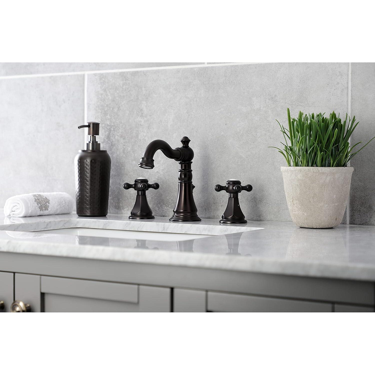 Kingston Brass American Classic Two-Handle 3-Hole Deck Mount Widespread Bathroom Faucet with Pop-Up Drain