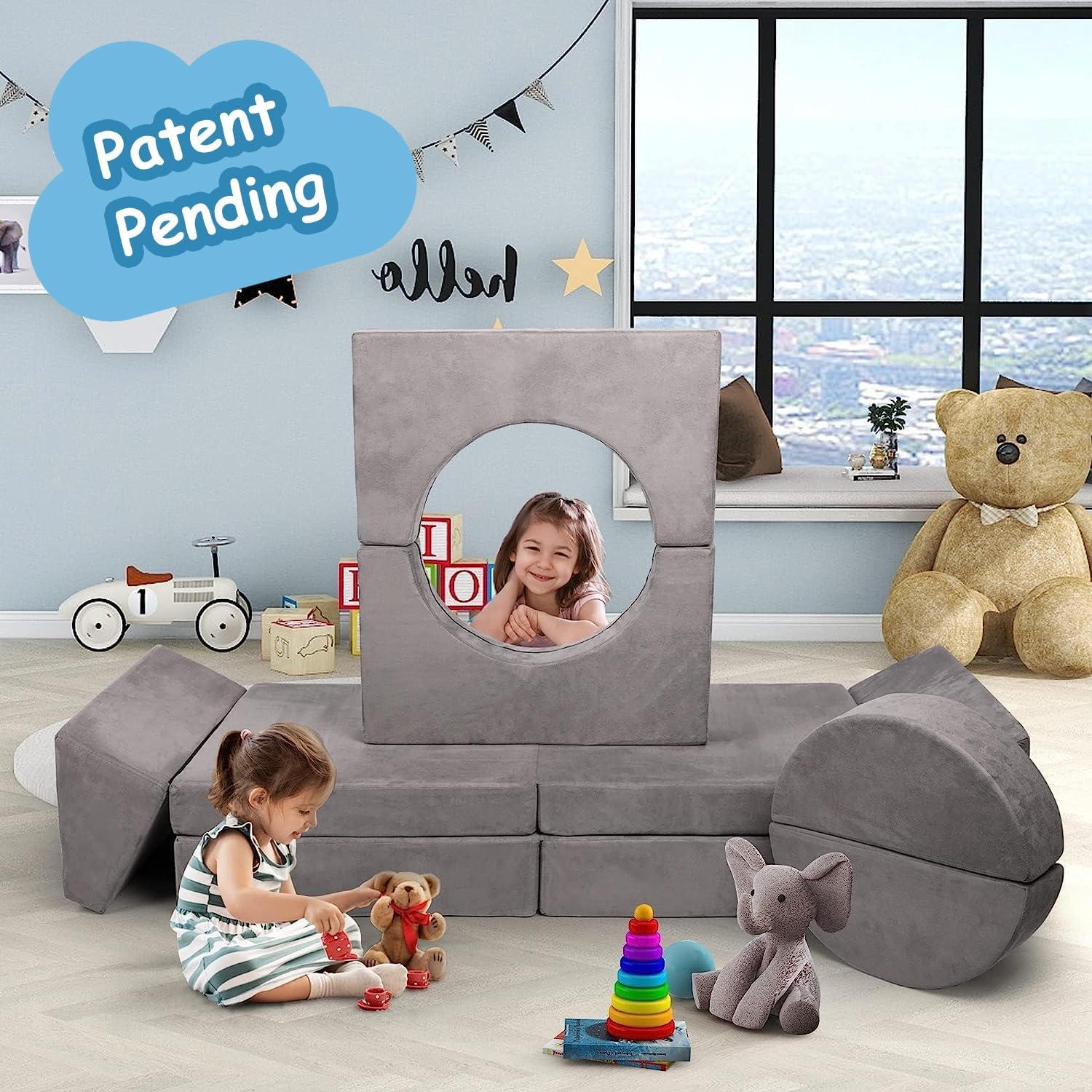 Tolead Modular Kids Play Couch Child Sectional Sofa, Imaginative Furniture Play Set for Creative Kids,Toddler to Teen Bedroom Furniture, Girls and Boys Playroom Convertible Sofa, Gray