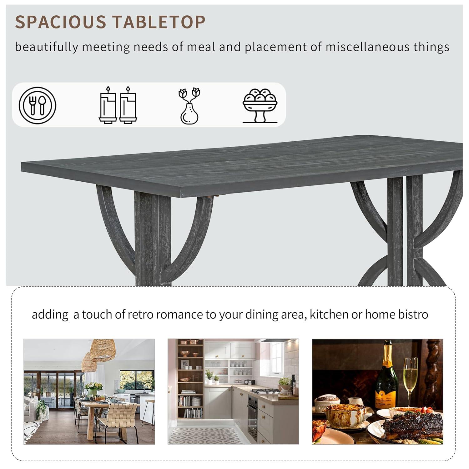 6-Piece Retro Dining Table Set, Rubber Wood Rectangular Table with Unique Legs and 4 Upholstered Chairs & 1 Bench for Dining Room and Kitchen (Gray Wash)