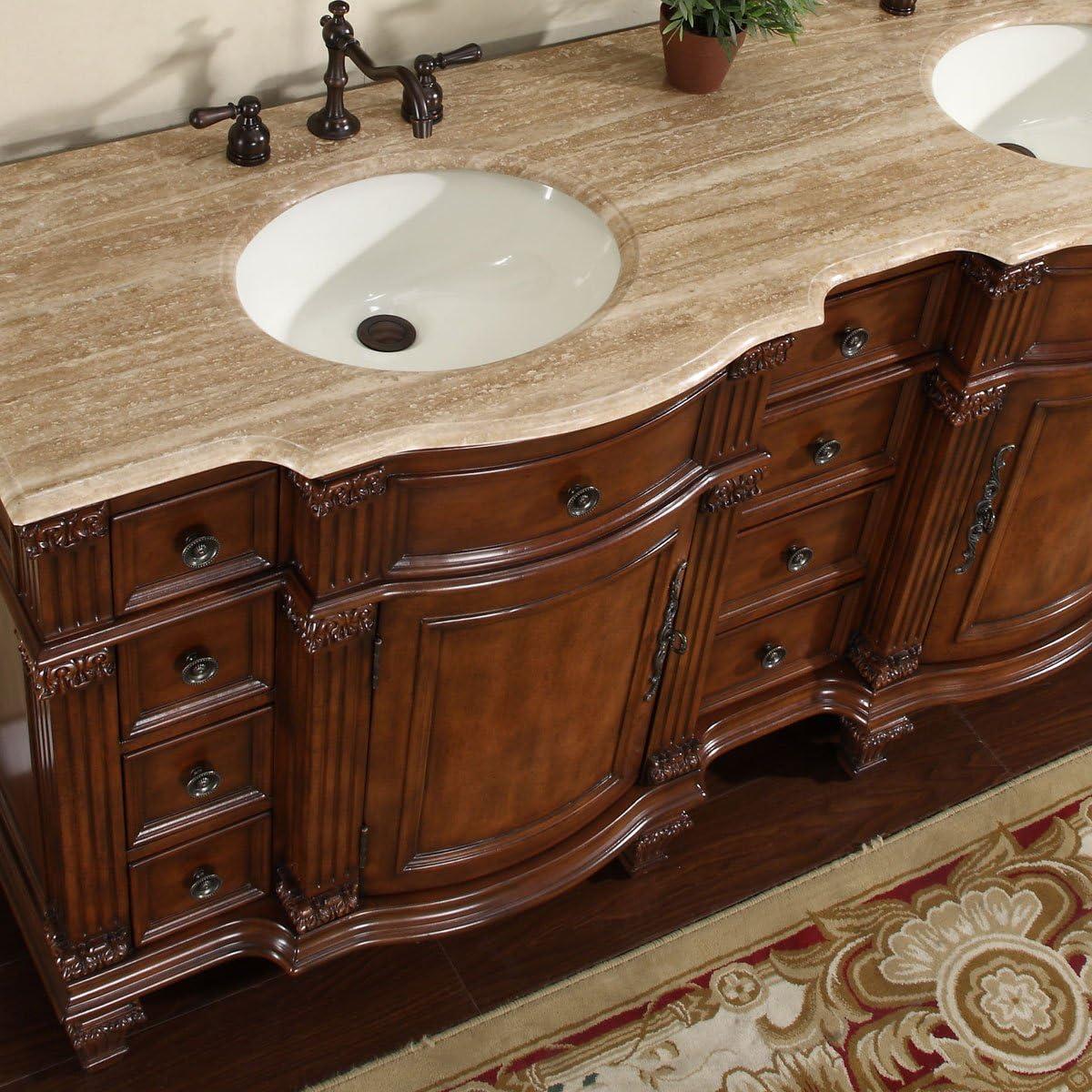 Traditional Rosewood Double Sink Bathroom Vanity with Travertine Top