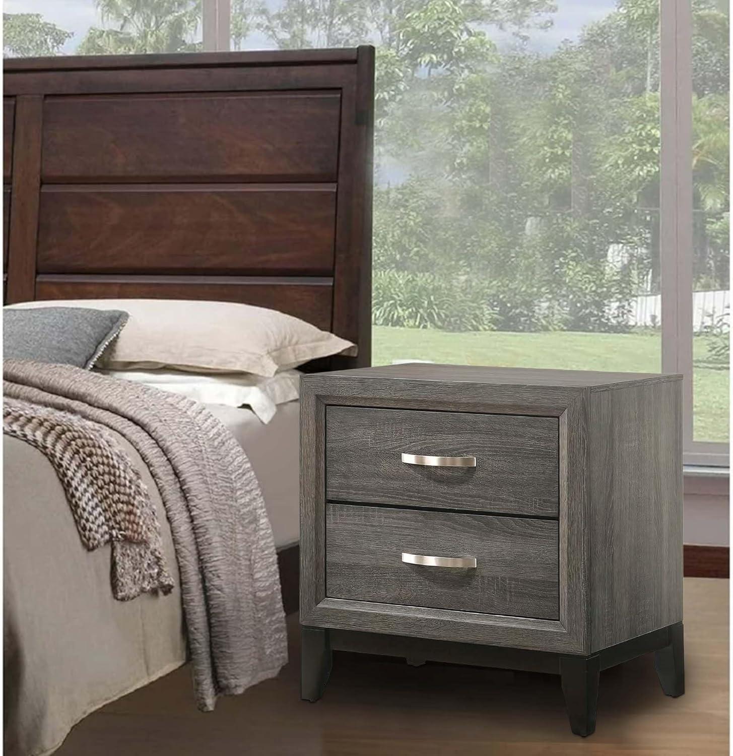 Gray Wood Grain 2 Drawer Nightstand with Metal Handles