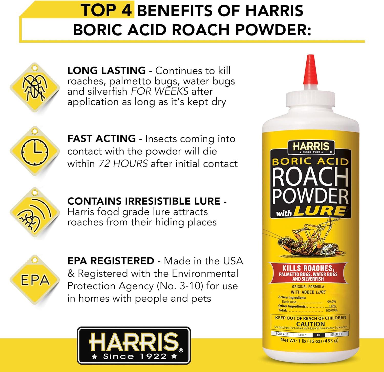 Harris Boric Acid Roach Killer Powder with Lure, Indoor Use, 16oz