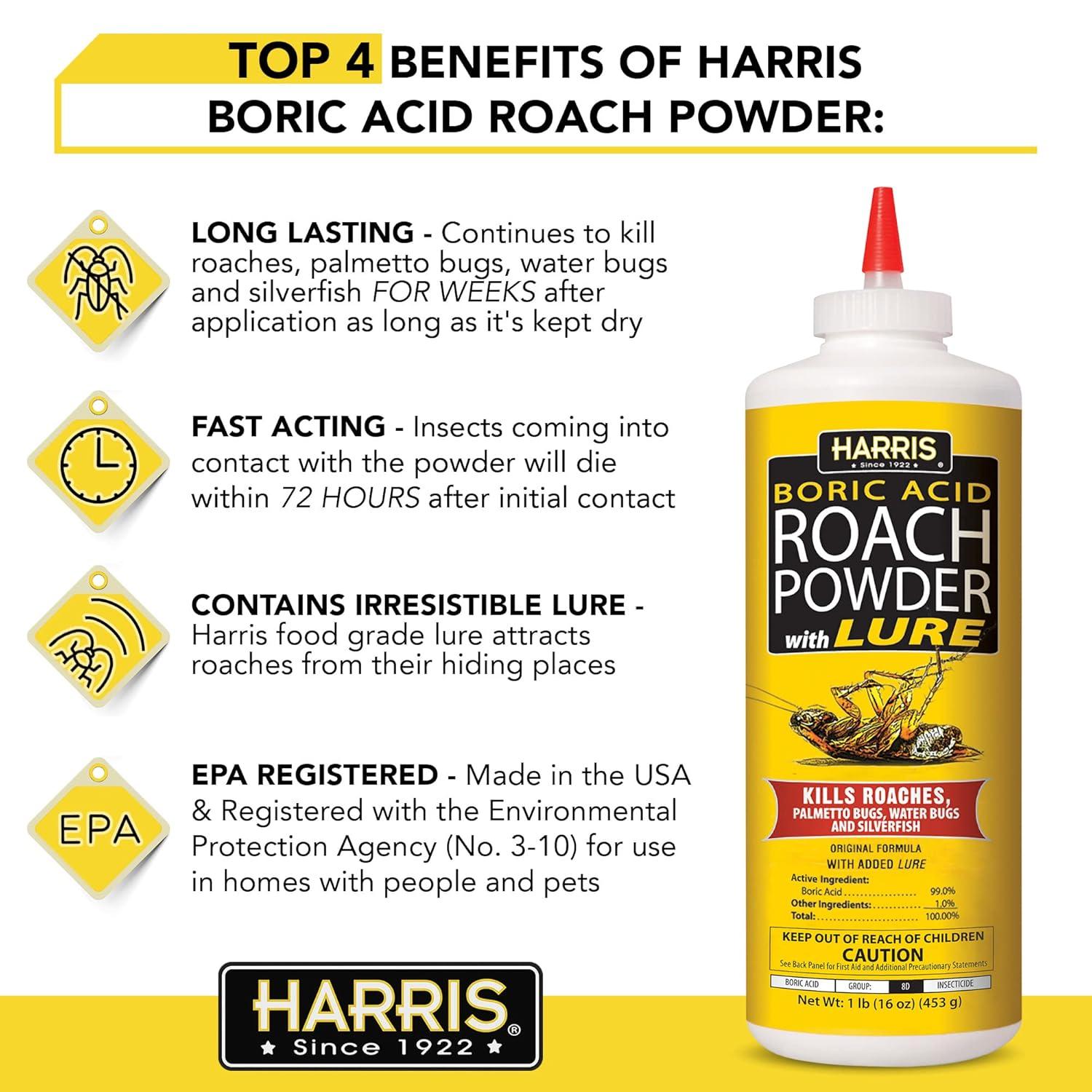 Harris Boric Acid Roach Killer Powder with Lure, Indoor Use, 16oz