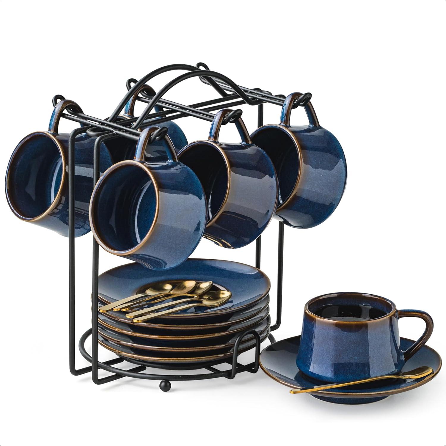 QXXSJ Coffee Cup Set Espresso Cups With Saucers Set With Cup Holder 4 Oz Espresso Cup Set Of 6 - Demitasse Cups Black (Set of 6)