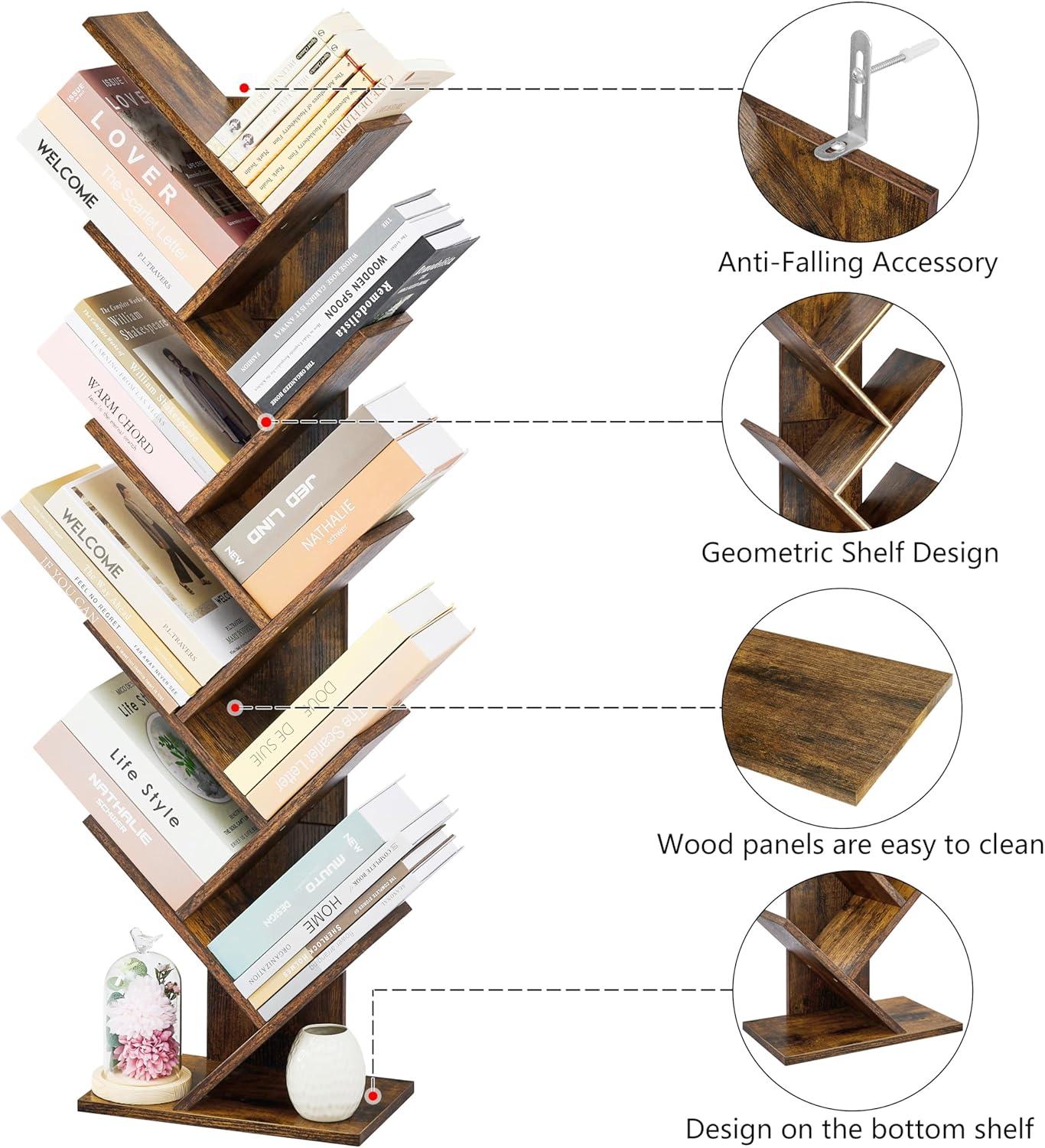 Hoctieon 10 Tier Tree Bookshelf, 10 Shelf Bookcase, Free Standing Tree Bookcase, Display Floor Standing Shelf for Books, Book Shelf Organizer, Rustic Brown