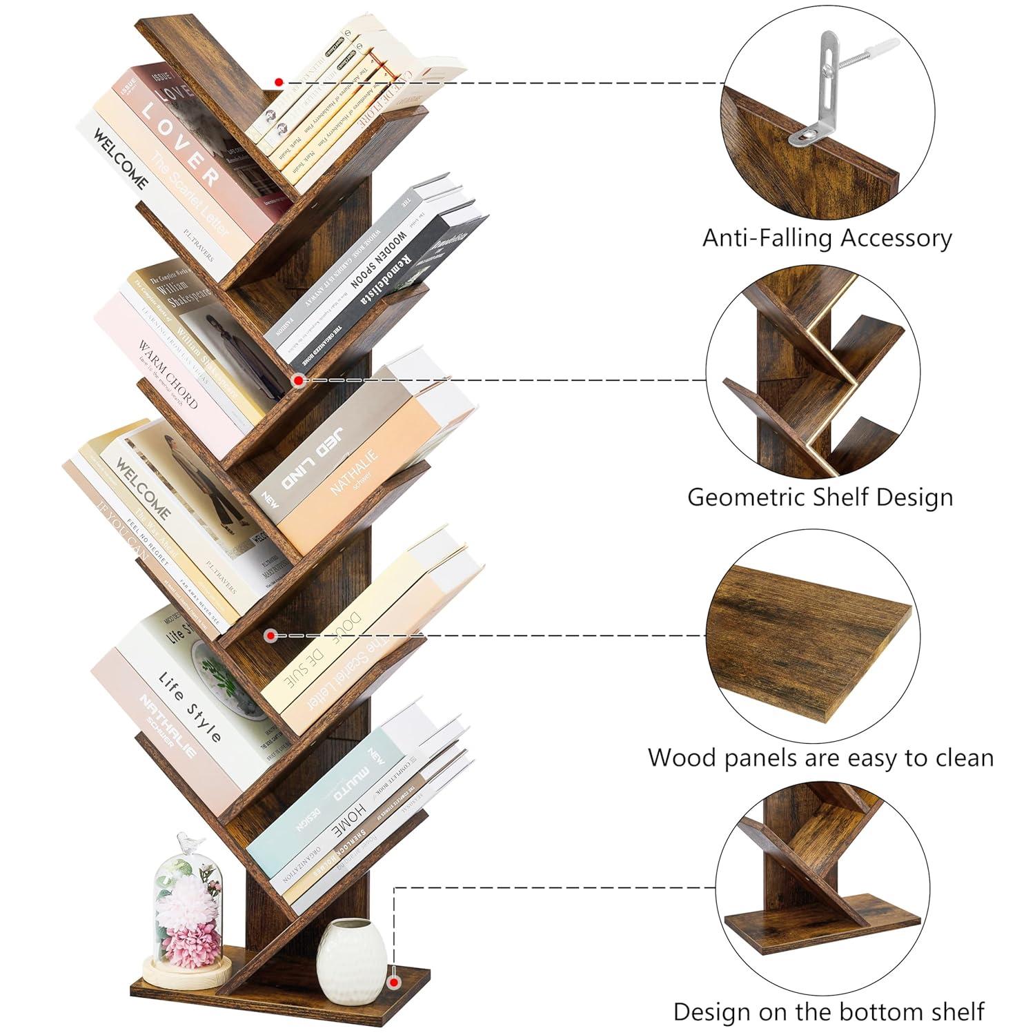 Hoctieon 10 Tier Tree Bookshelf, 10 Shelf Bookcase, Free Standing Tree Bookcase, Display Floor Standing Shelf for Books, Book Shelf Organizer, Rustic Brown