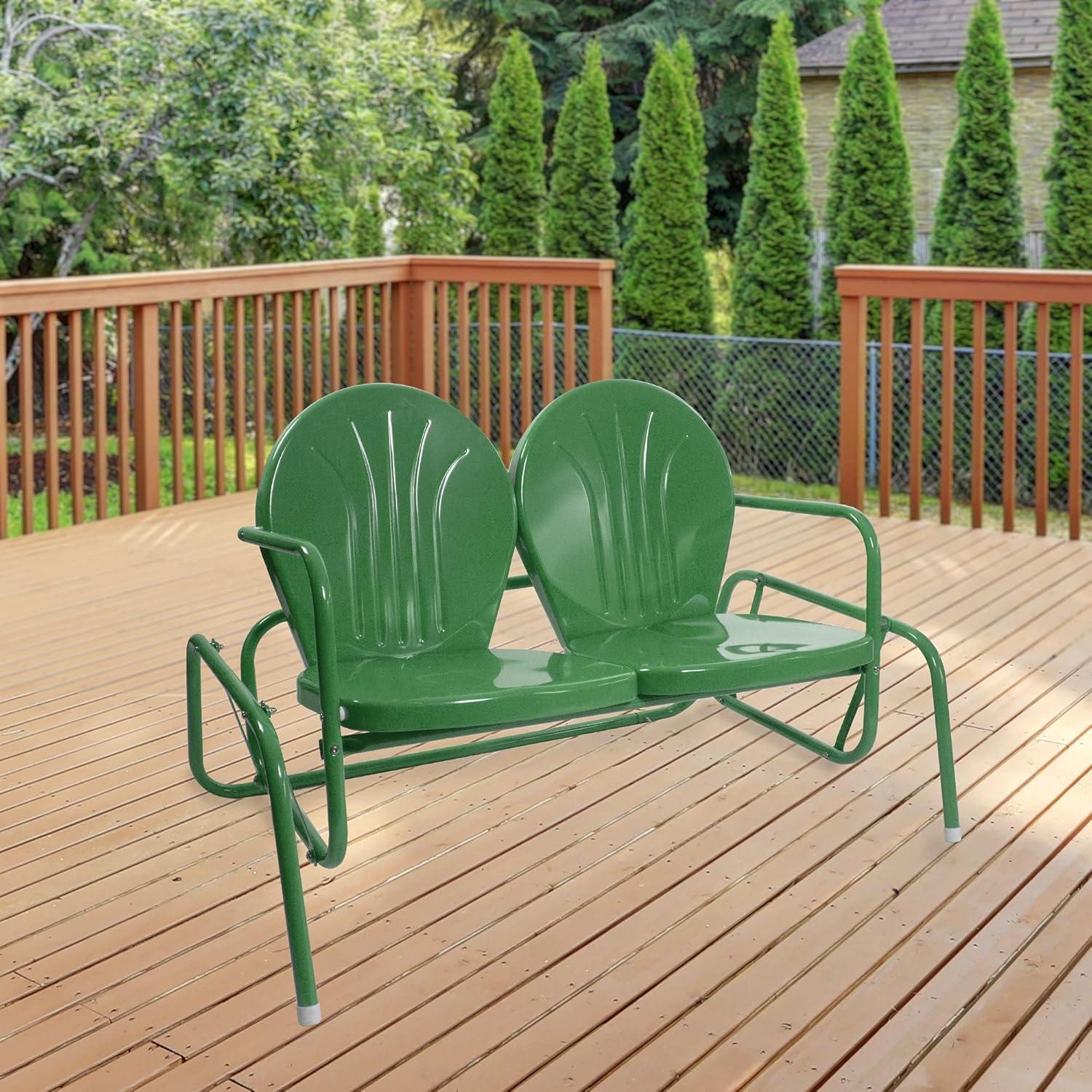 Green Retro Metal Double Glider Patio Chair with Powder-Coated Finish