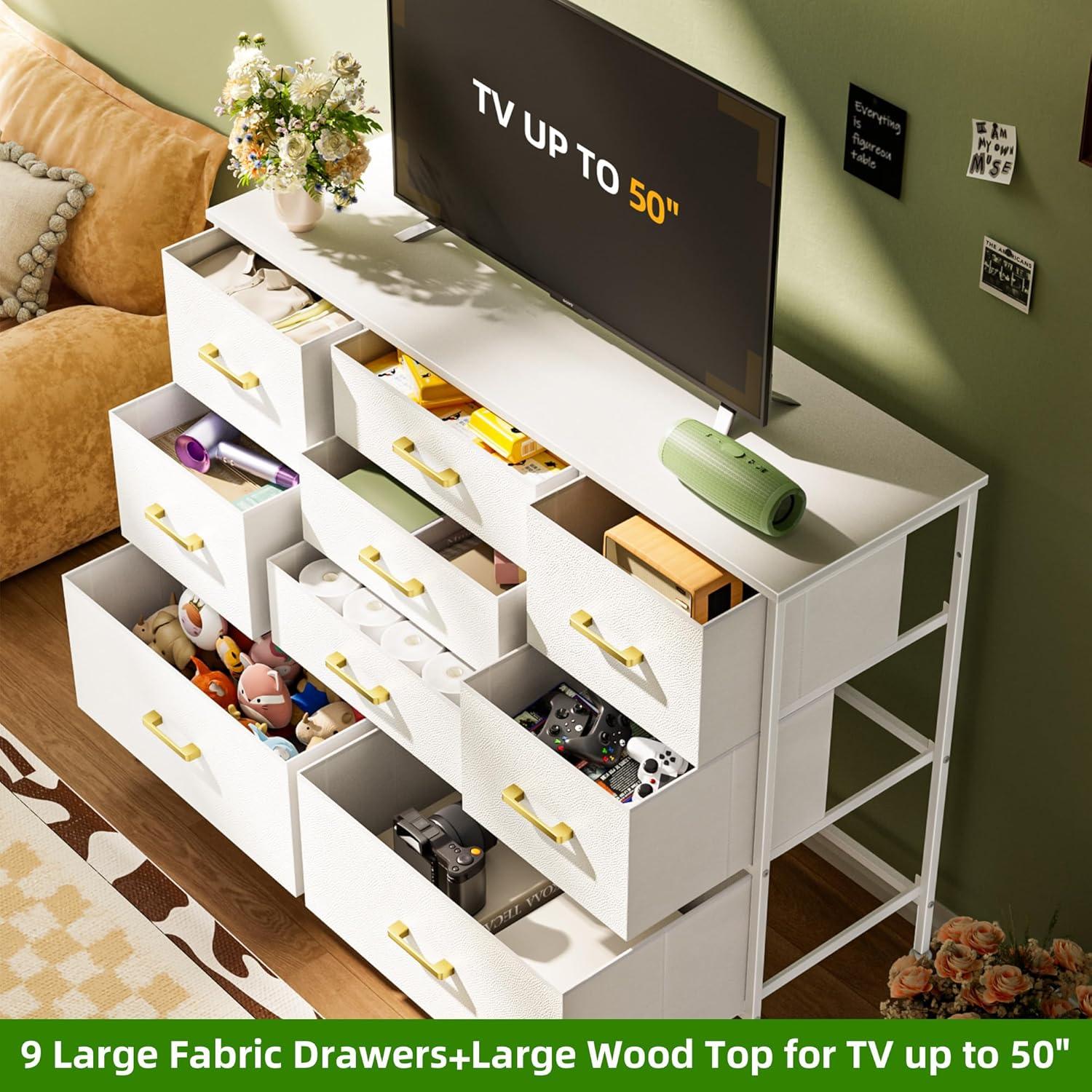 White Fabric Chest of Drawers with Leather Finish, Wide Dresser for Bedroom & Living Room TV Stand, Entertainment Center, Featuring 9 Drawers for 50” TV
