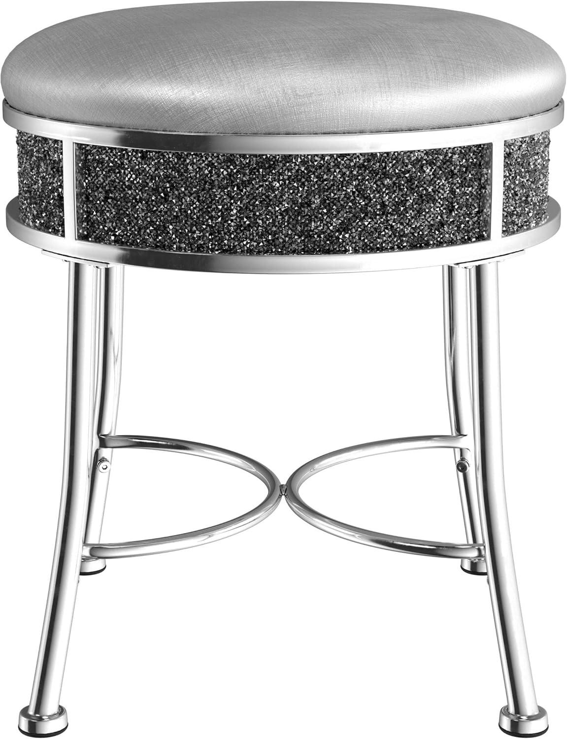 Hillsdale Roma Diamond Glam Fabric Upholstered Backless Vanity Stool in Chrome